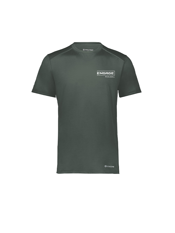 Dark gray-green men's athletic tee by EngagePickleball, featuring 'ENGAGE PICKLEBALL' chest logo, 'HOLLOWAY' neck logo, and 'COOLCORE' hem logo.