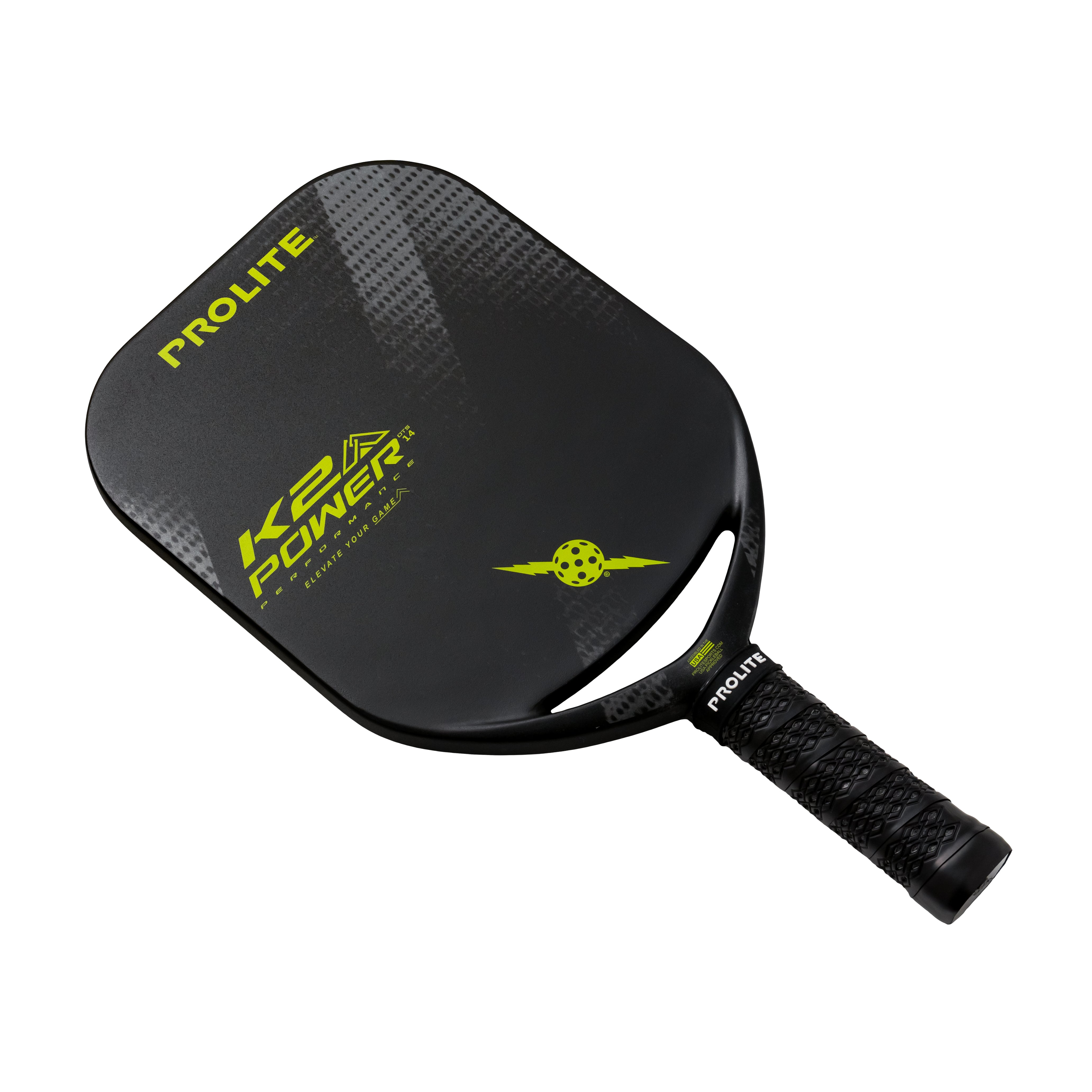 Black Prolite K2 Power pickleball paddle with a textured grip, and neon yellow branding.