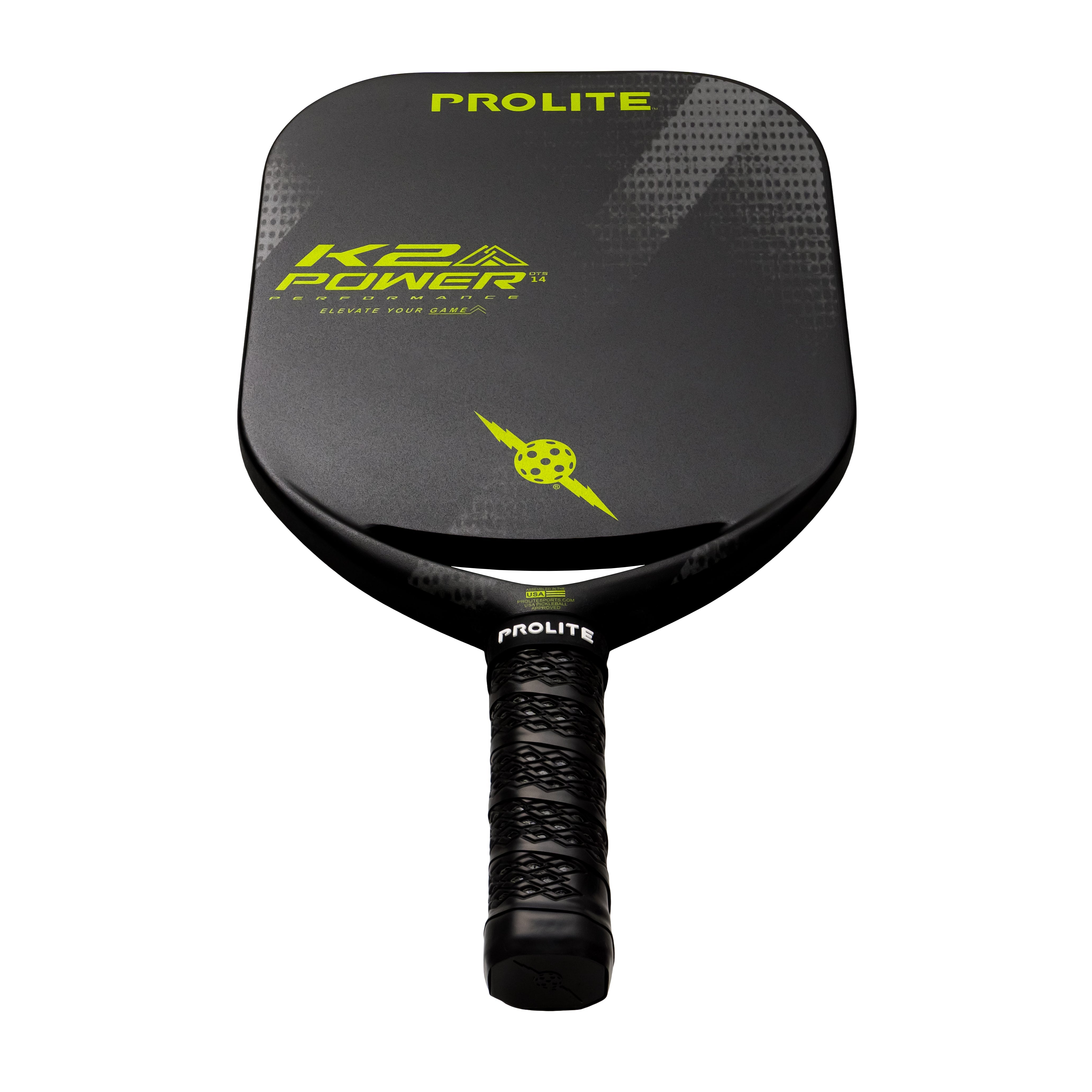Black Prolite K2A Power pickleball paddle with yellow accents.