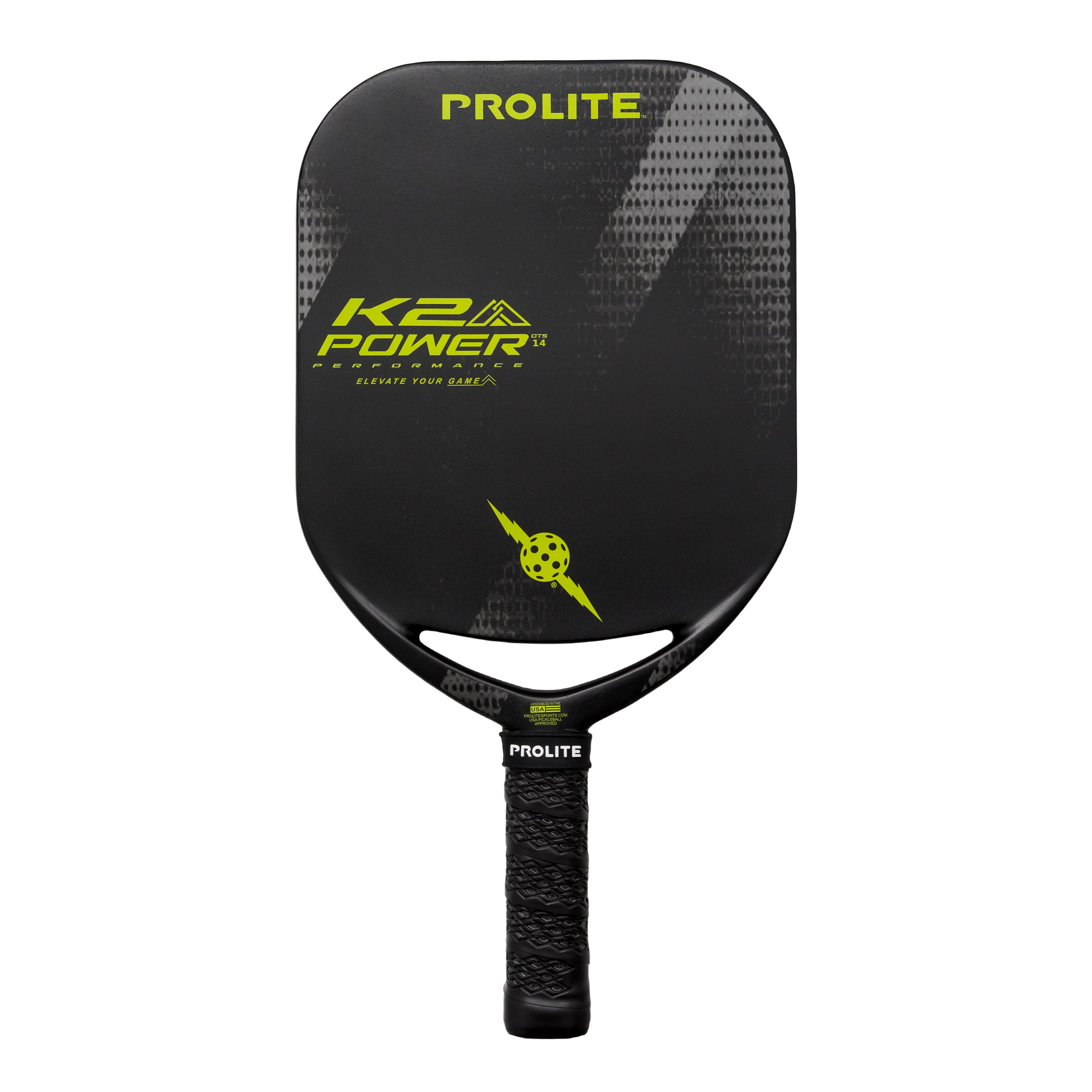 A black pickleball paddle with yellow graphics.