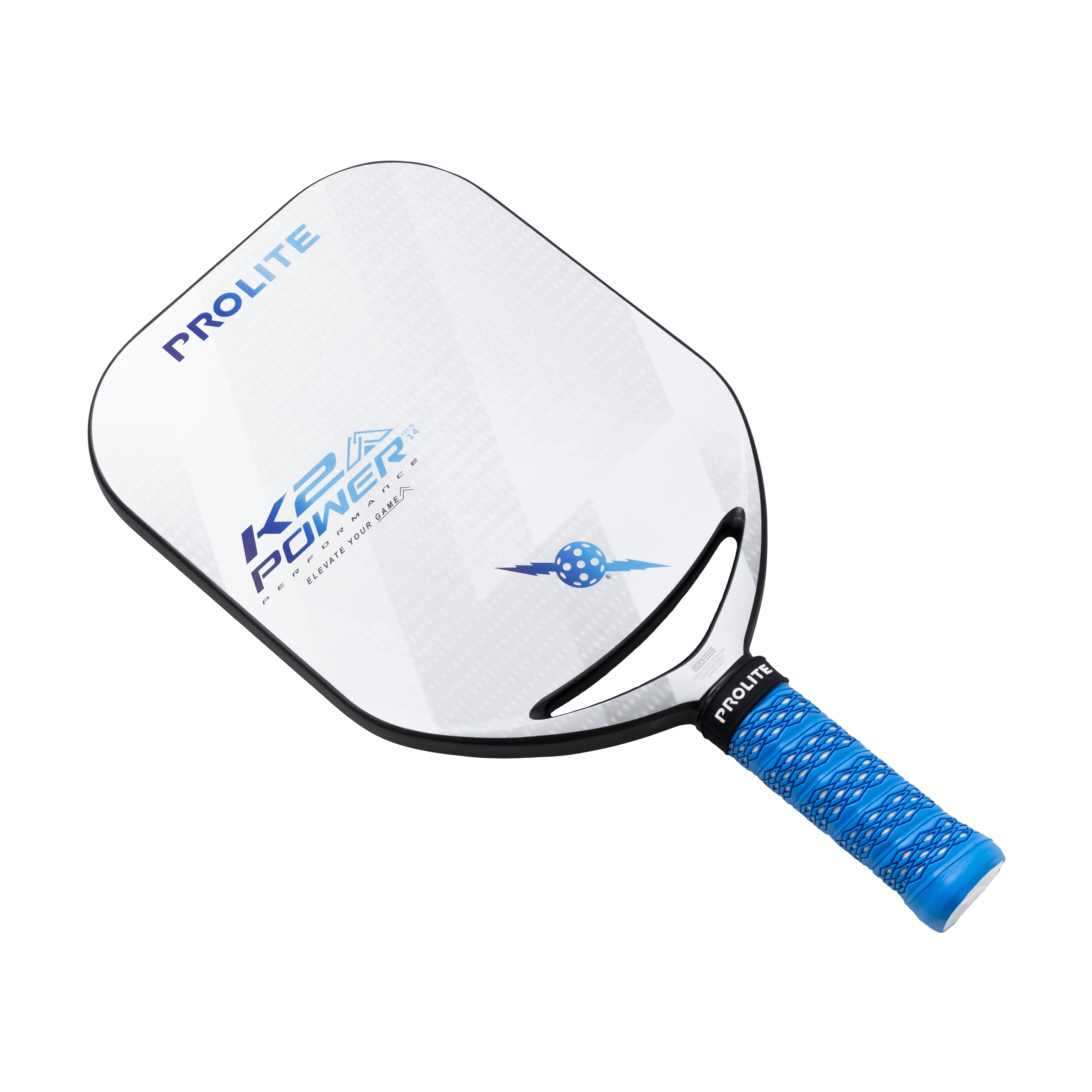 White and blue pickleball paddle.