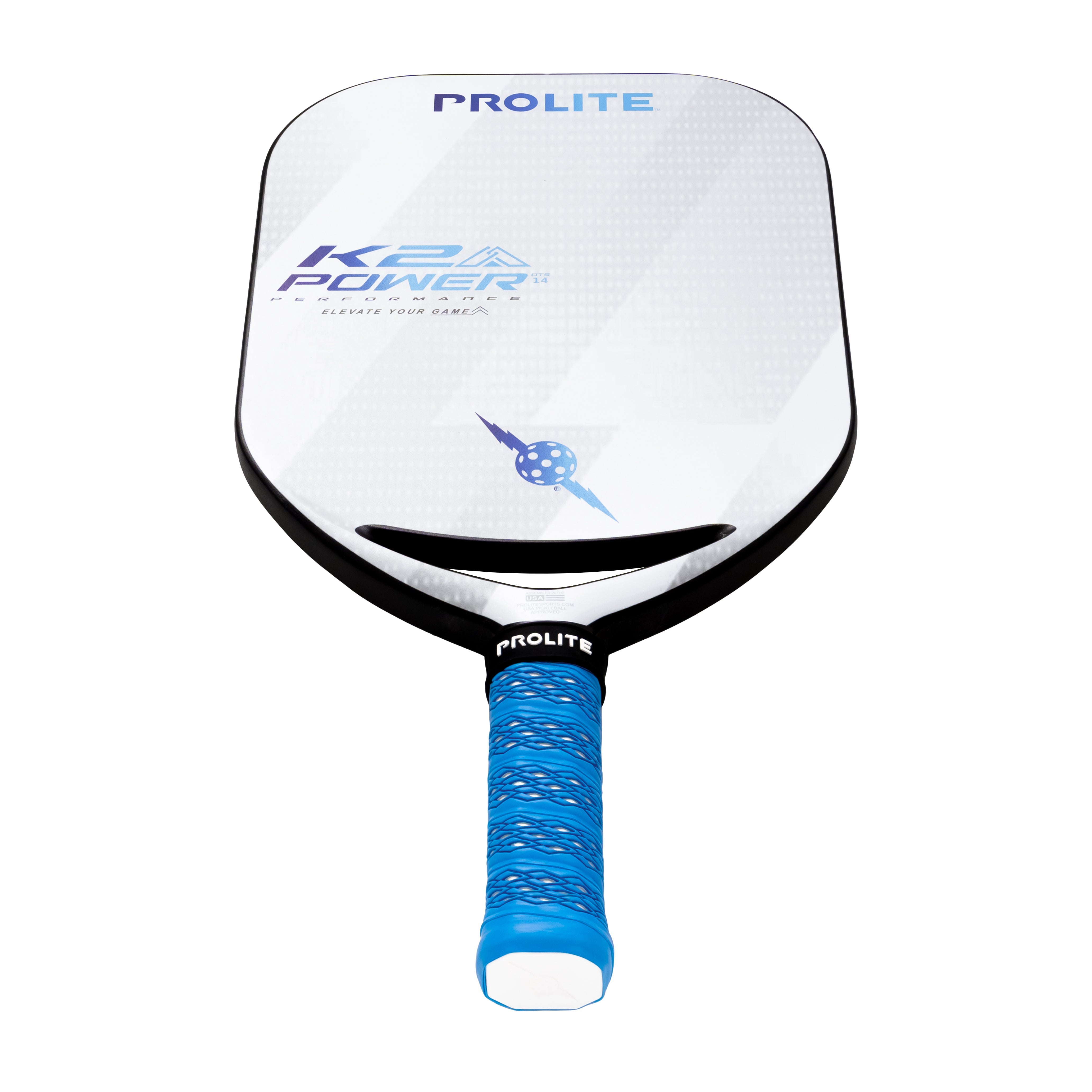 Close-up of a white and blue Prolite K2 Power DTS 14 pickleball paddle.