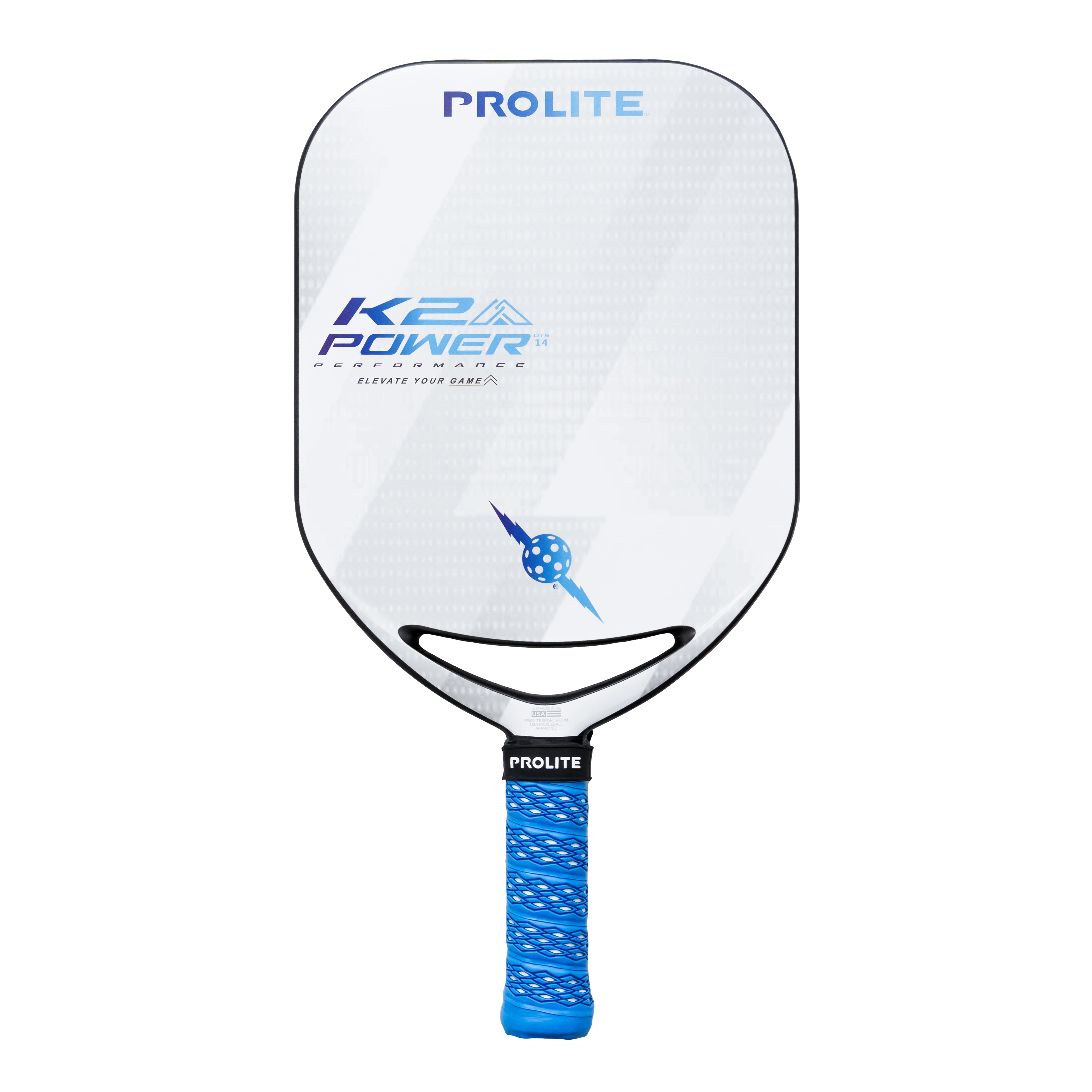 White and blue Prolite K2 Power pickleball paddle.
