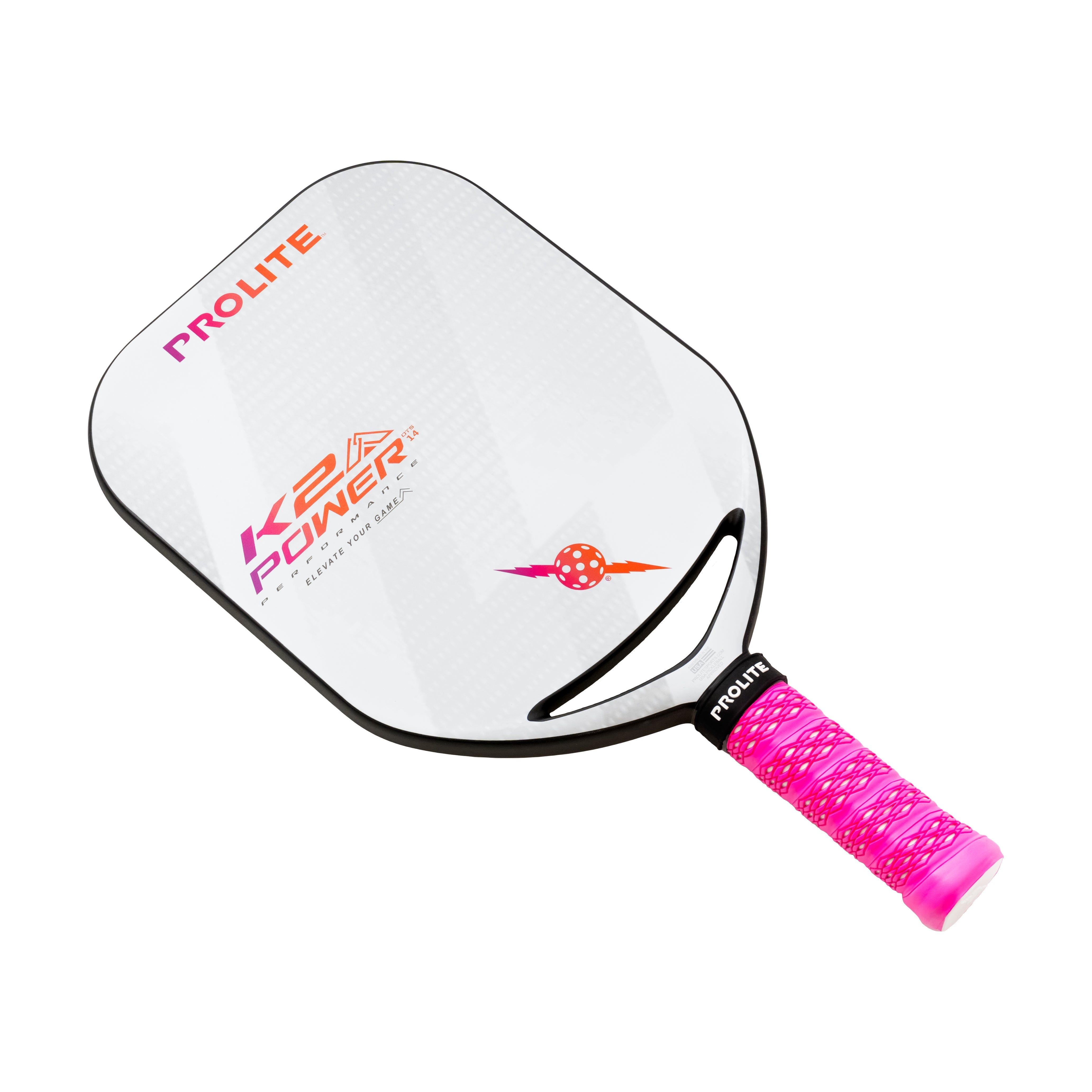 White and pink pickleball paddle.