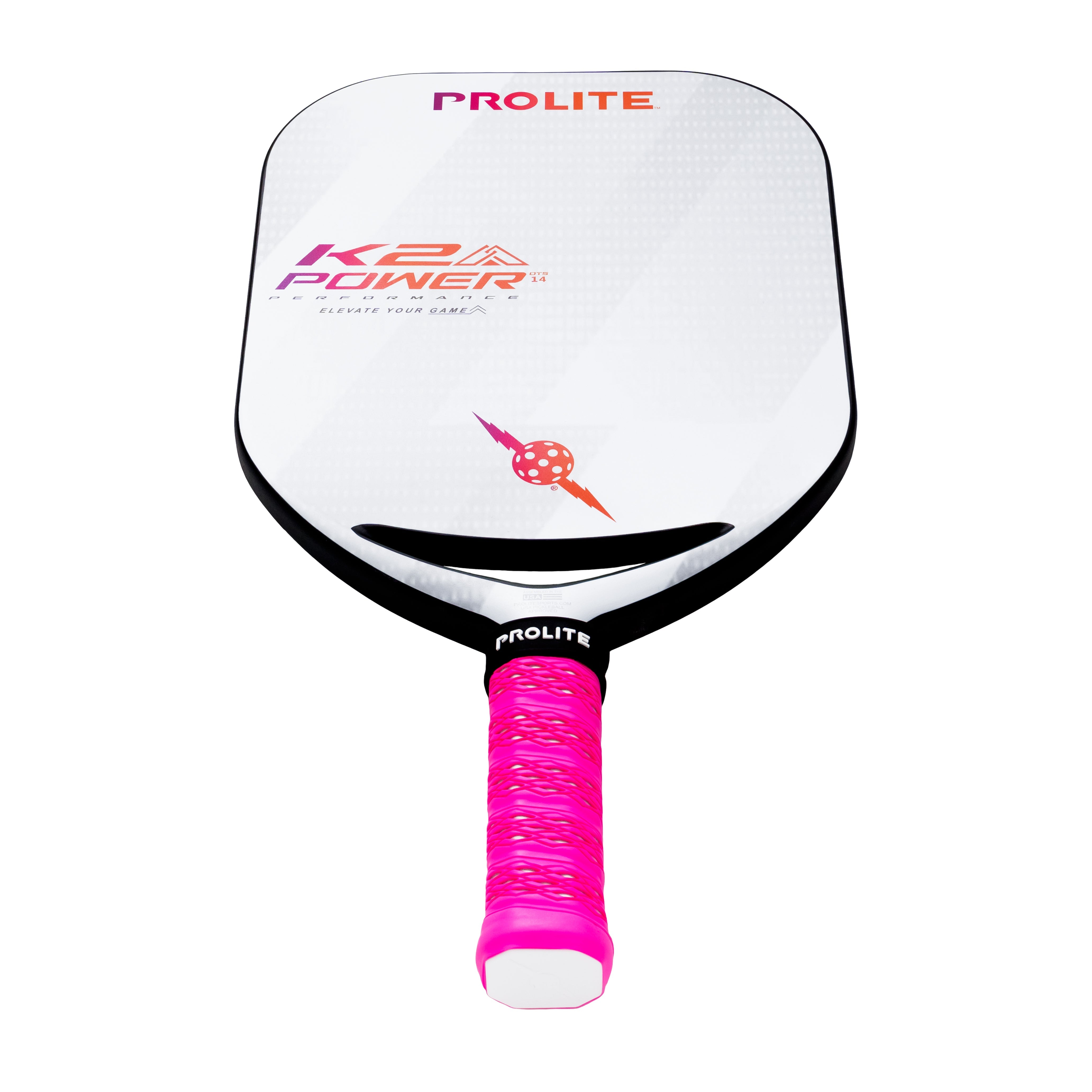 Pickleball paddle with a pink grip.