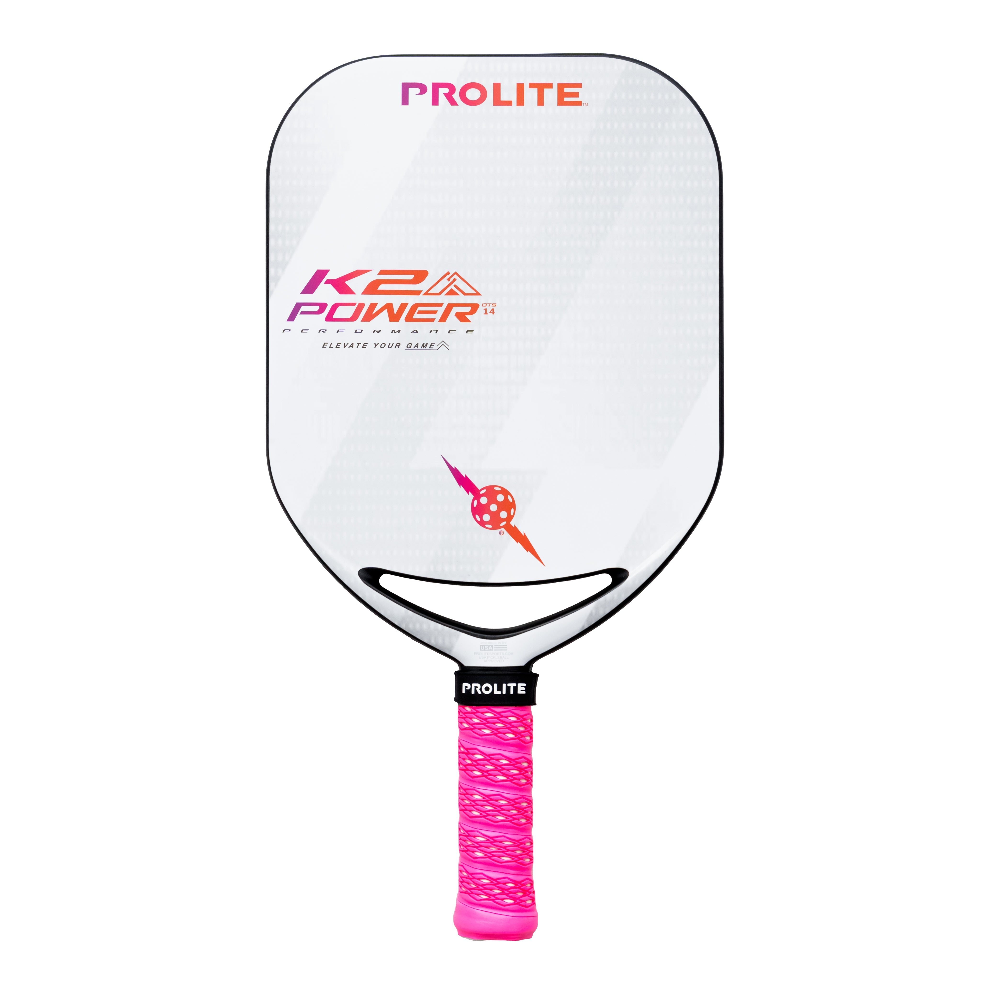 White and pink Prolite pickleball paddle.