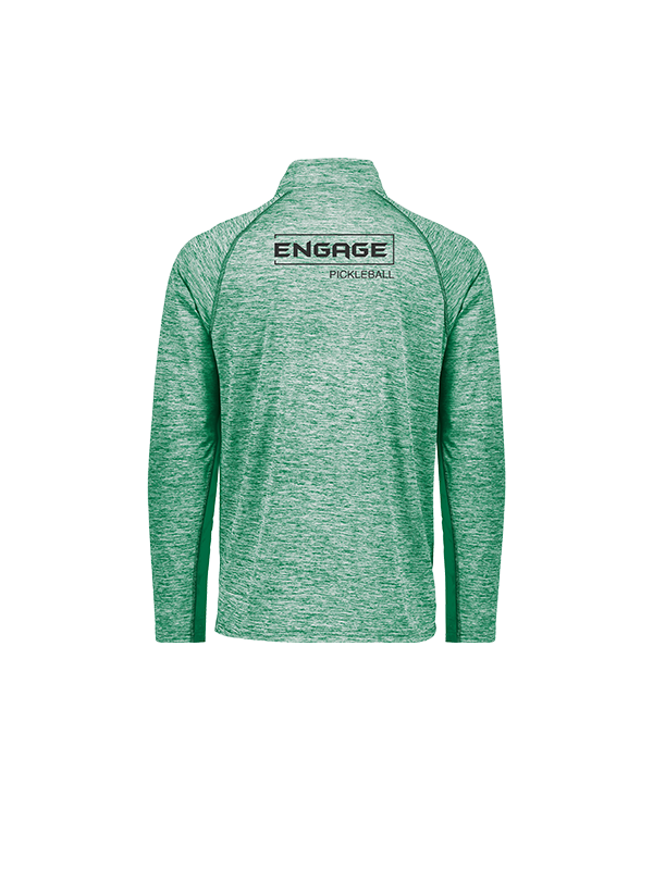 Green heathered men's 1/2 zip pullover by EngagePickleball, back view with 'ENGAGE PICKLEBALL' logo.