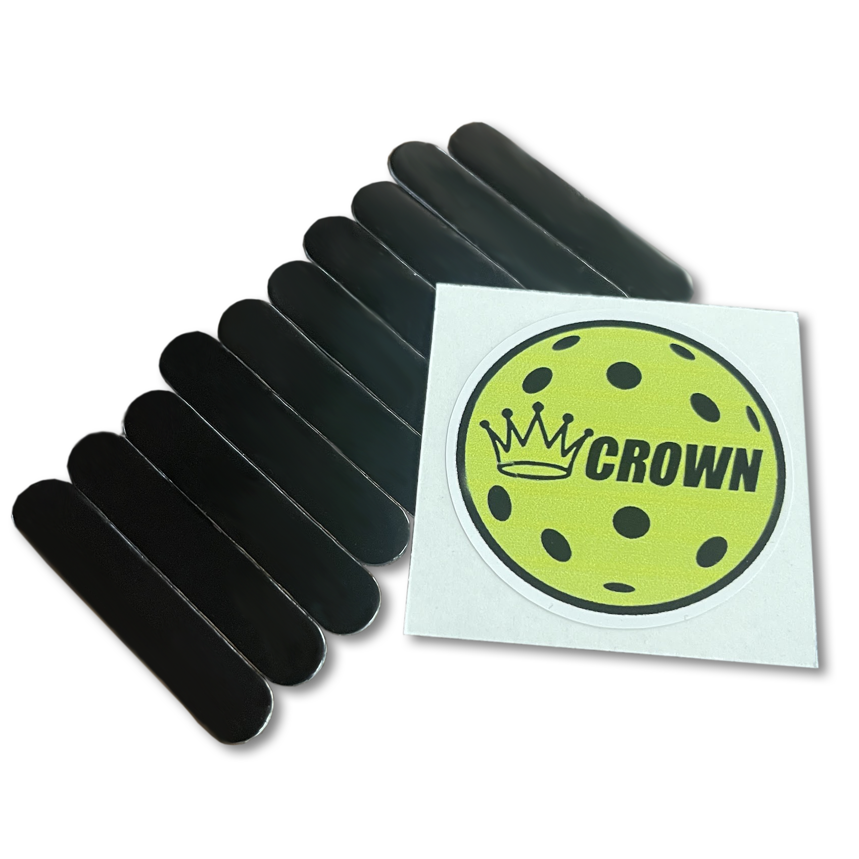 Nine black strips and a sticker with a yellow pickleball, a crown, and the word "CROWN".