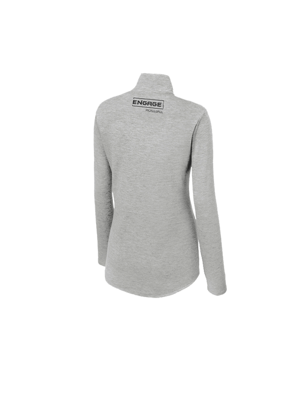 Grey women's 1/4-zip pullover by EngagePickleball, with "ENGAGE PICKLEBALL" logo on the back neck and rounded hem, shown from the back.