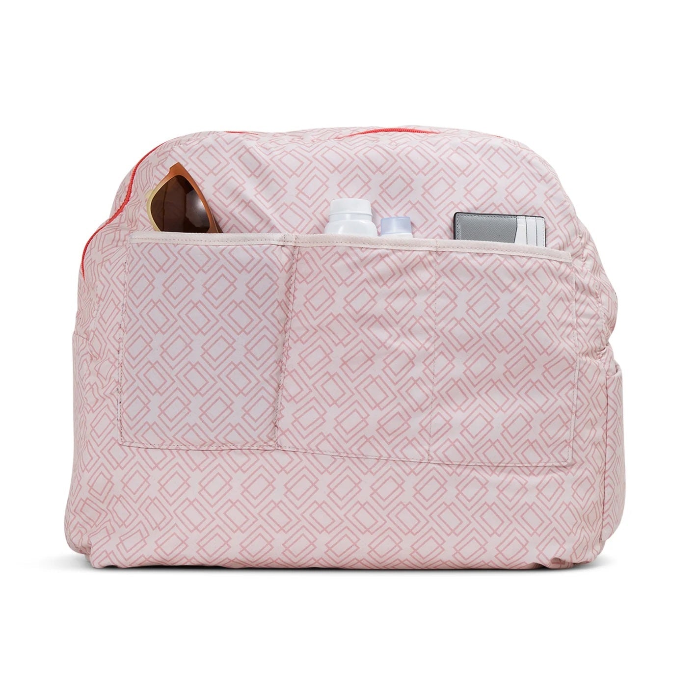 Light pink geometric patterned Pickleball Duffel & Tote by Doubletake, front view with outer pockets holding sunglasses, bottles, and a cardholder.