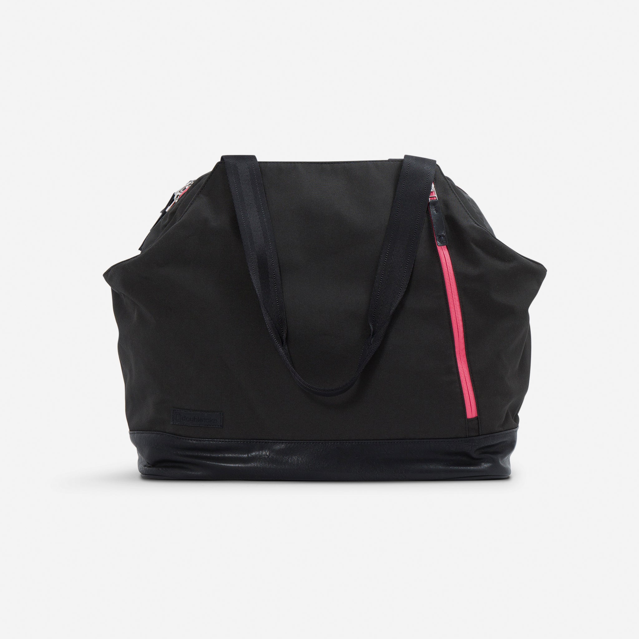 Black tennis duffel tote by Doubletake featuring a hot pink vertical zipper and black leather-like base.