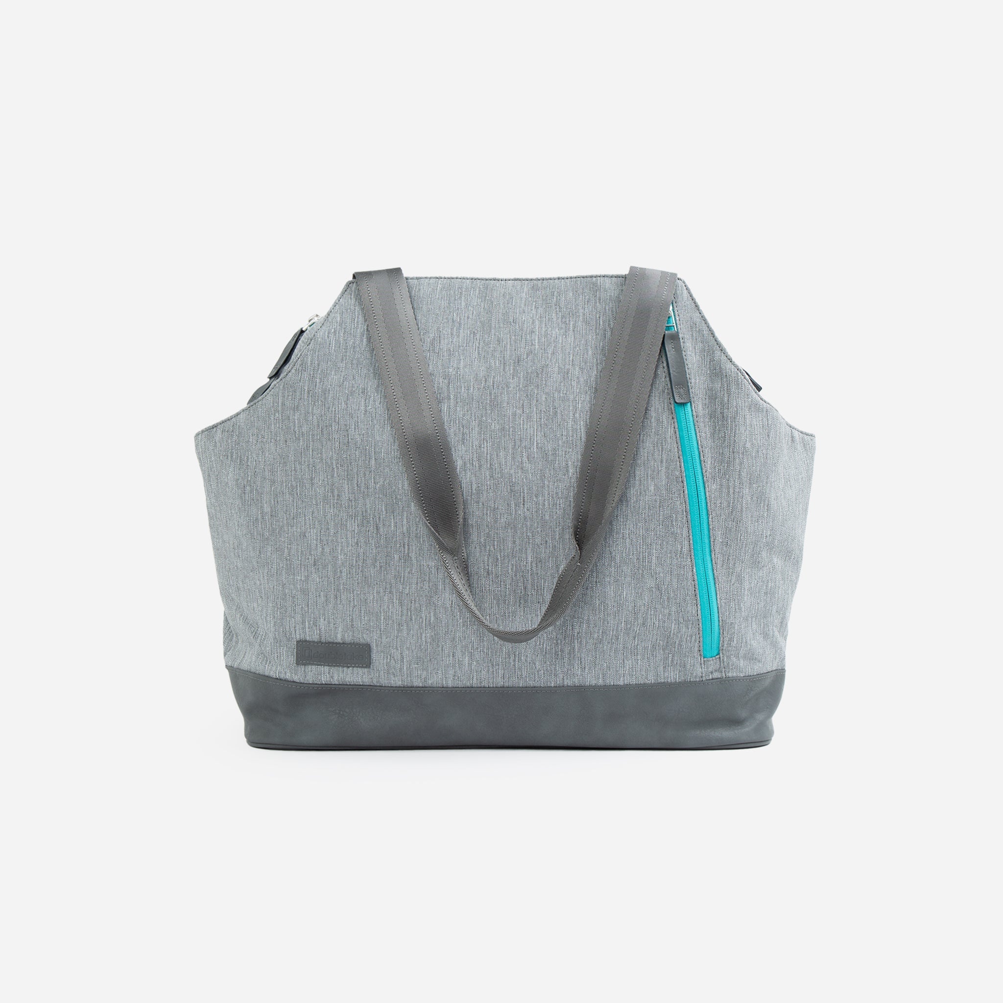 Gray tote bag with blue zipper.