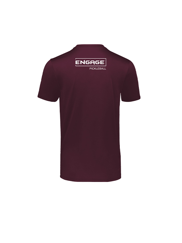 Men's maroon t-shirt by EngagePickleball, shown from the back with a white "ENGAGE PICKLEBALL" logo.