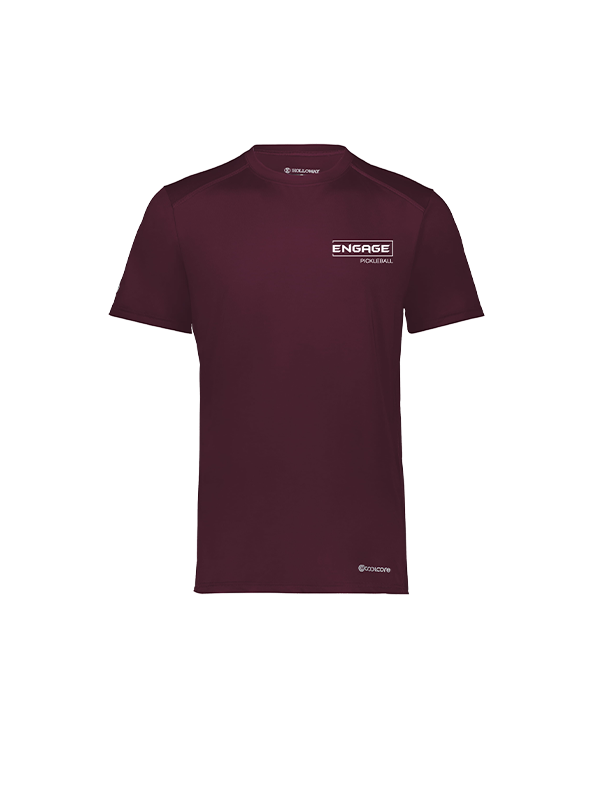 Men's maroon short-sleeved tee by EngagePickleball, with a white 'ENGAGE PICKLEBALL' logo on the chest and 'COOLCORE' logo at the hem.