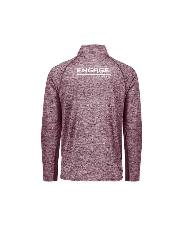 Maroon heathered men's 1/2 zip pullover by EngagePickleball, with a white 'ENGAGE PICKLEBALL' logo on the upper back and raglan sleeves, back view.