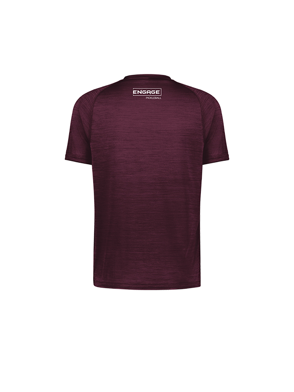 Maroon heathered short-sleeve men's t-shirt by EngagePickleball, with a white Engage Pickleball logo on the upper back, back view.