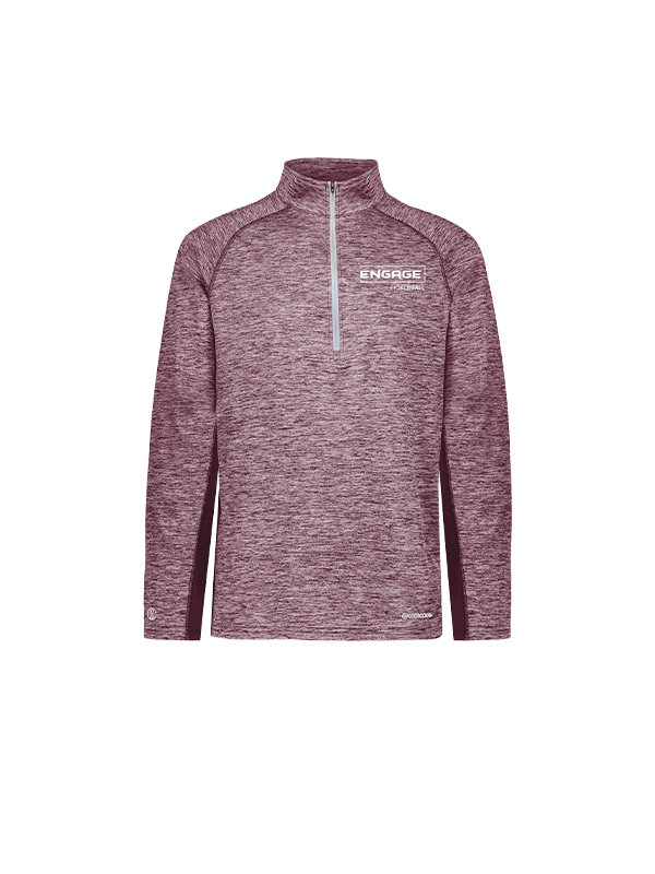 Men's maroon heathered 1/2 zip pullover by EngagePickleball with a stand-up collar, silver half-zip, and 'ENGAGE PICKLEBALL' logo on the chest.