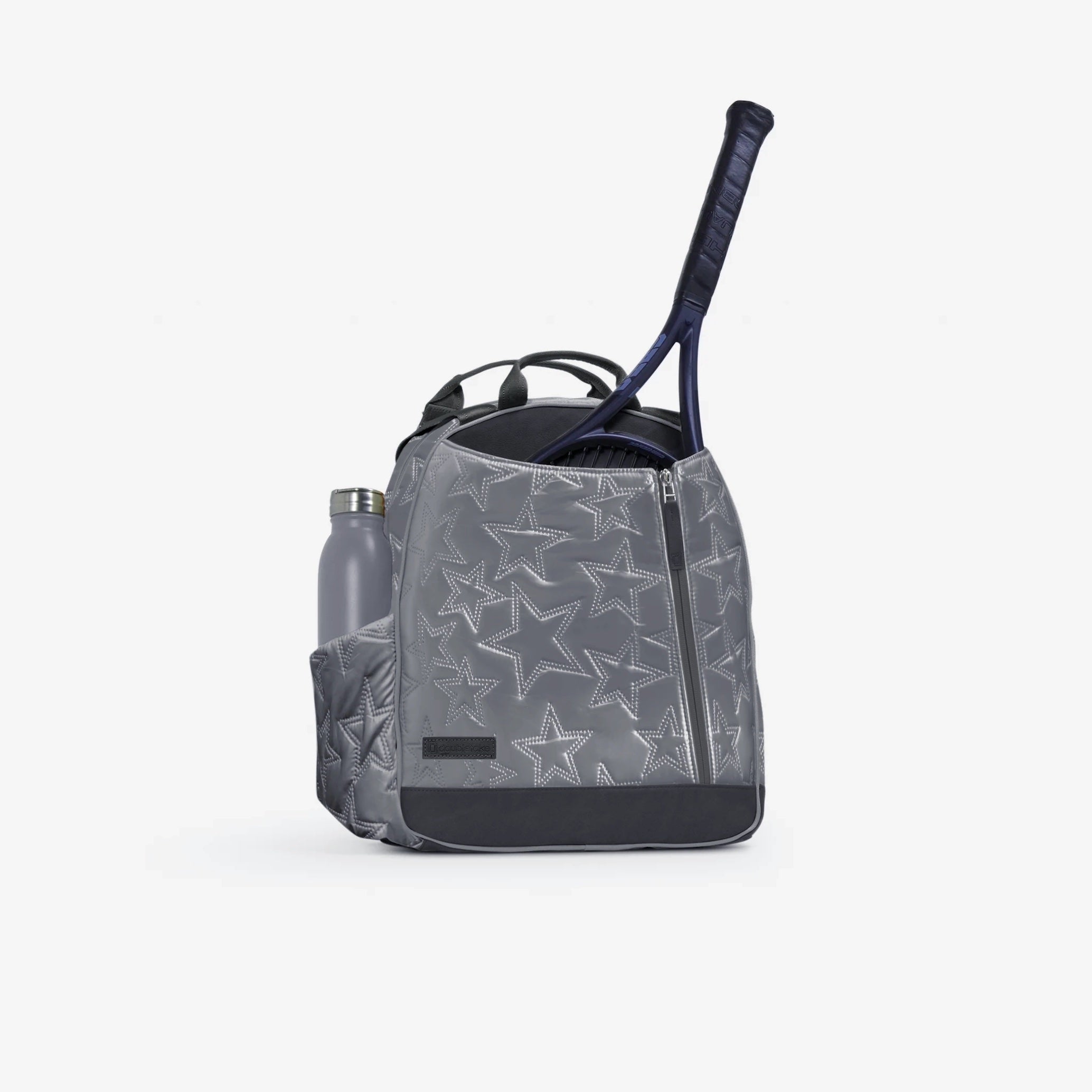 Grey quilted tennis backpack and tote by Doubletake with star pattern, water bottle, and tennis racket.