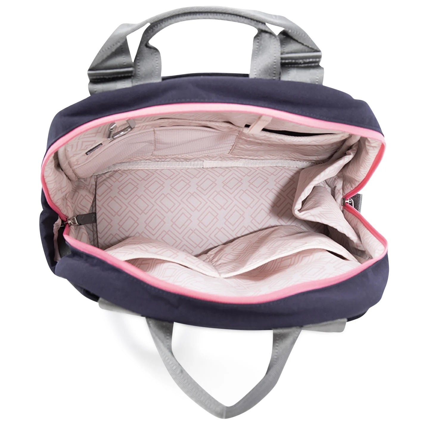 Navy blue open Pickleball Backpack & Tote by Doubletake, revealing a patterned pink interior with multiple pockets and grey handles.