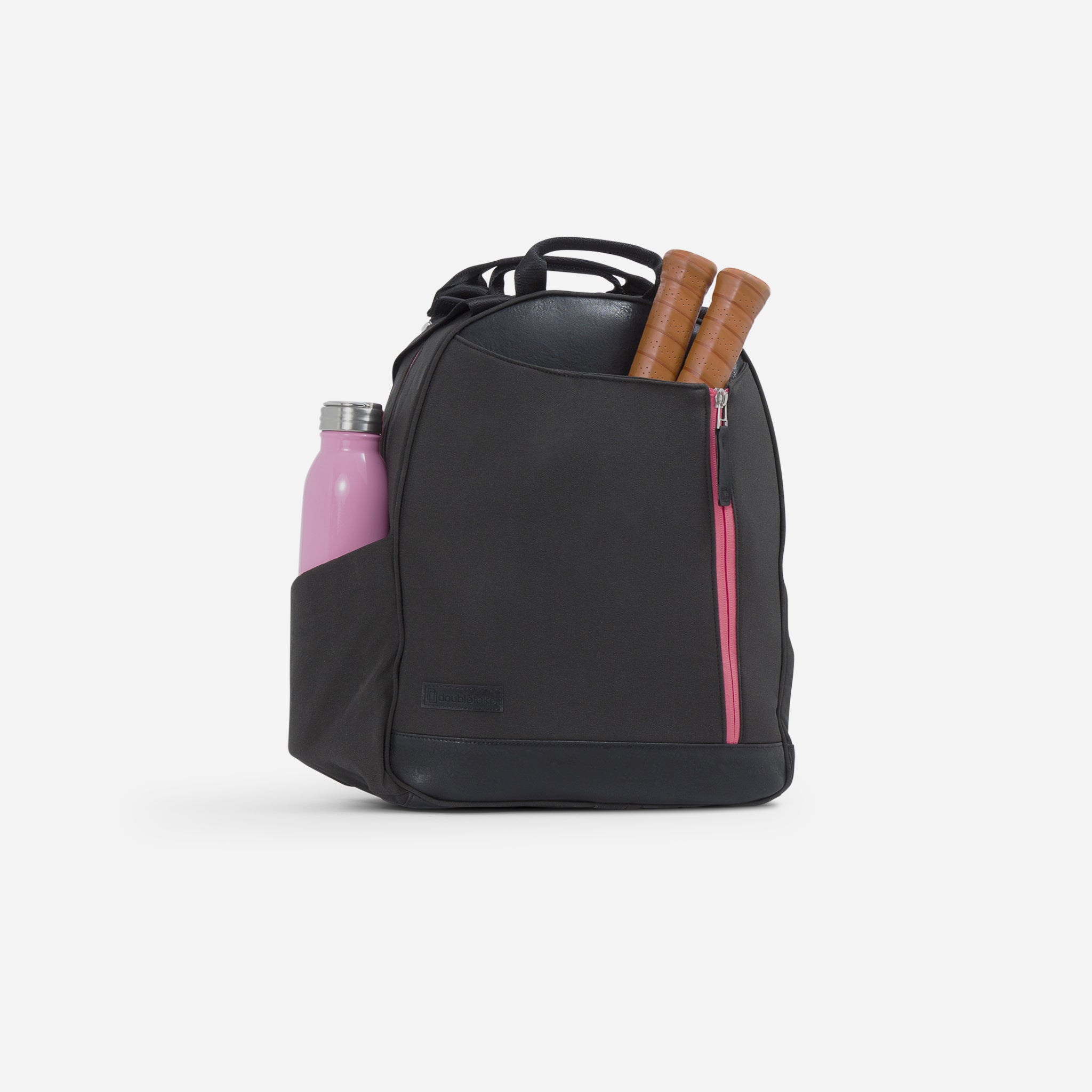 Black backpack with pink water bottle and tennis racket handles.