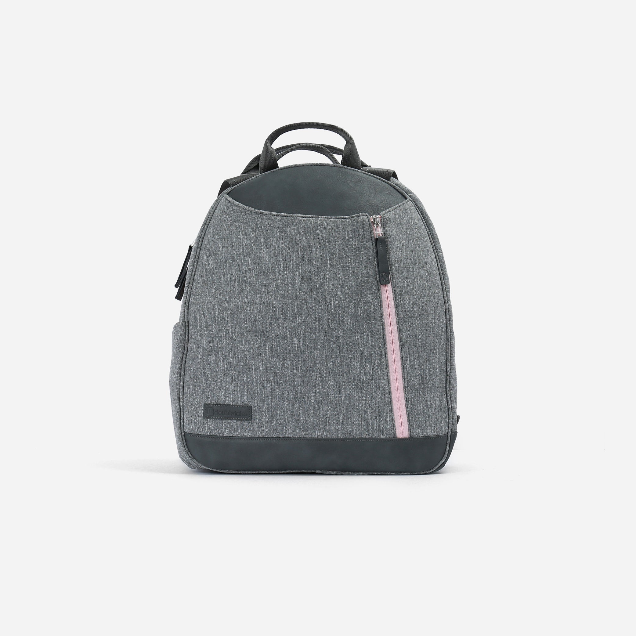 Gray heathered backpack with pink zipper.