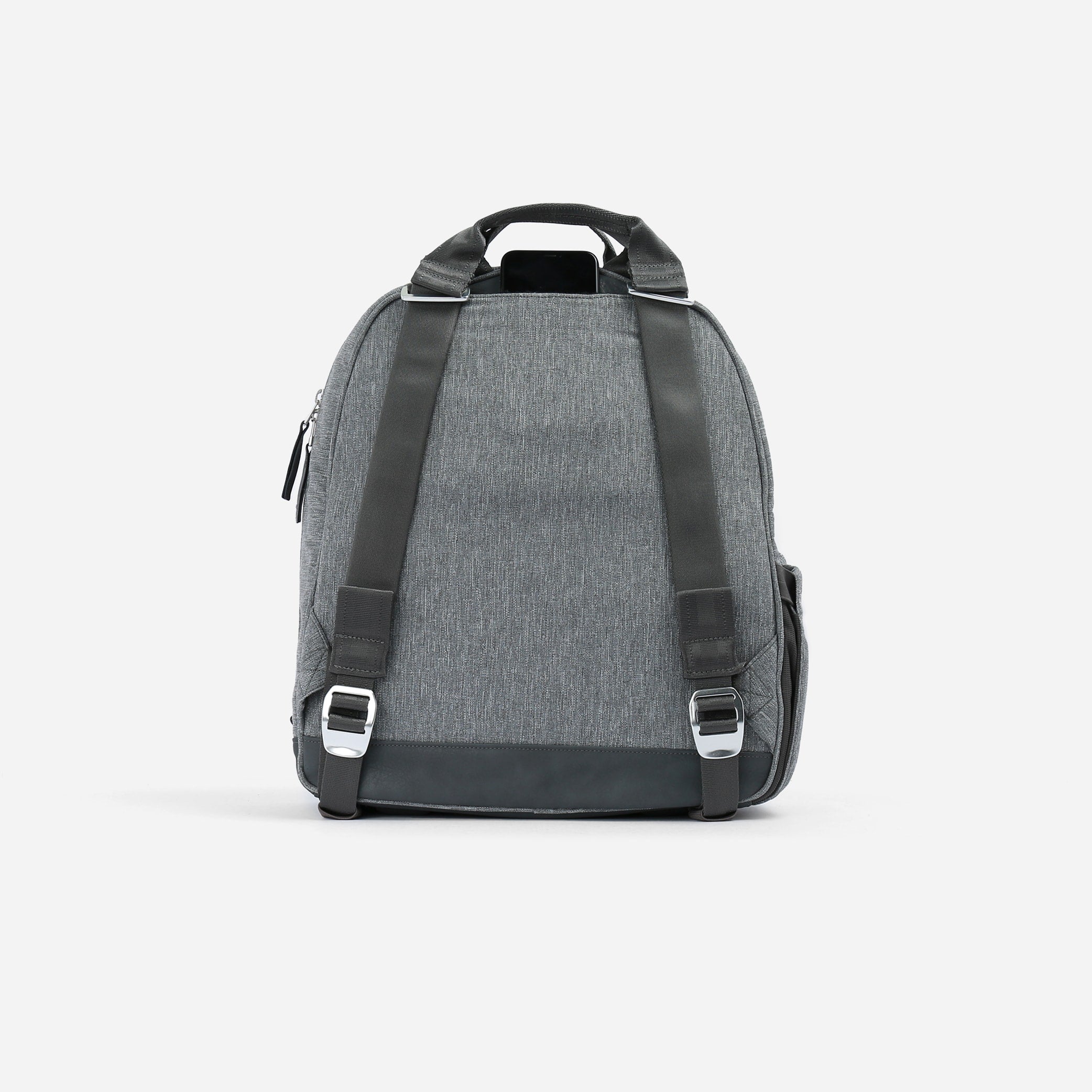 Heathered grey textured pickleball backpack by Doubletake, back view with adjustable straps, silver buckles, and a phone in a top pocket.