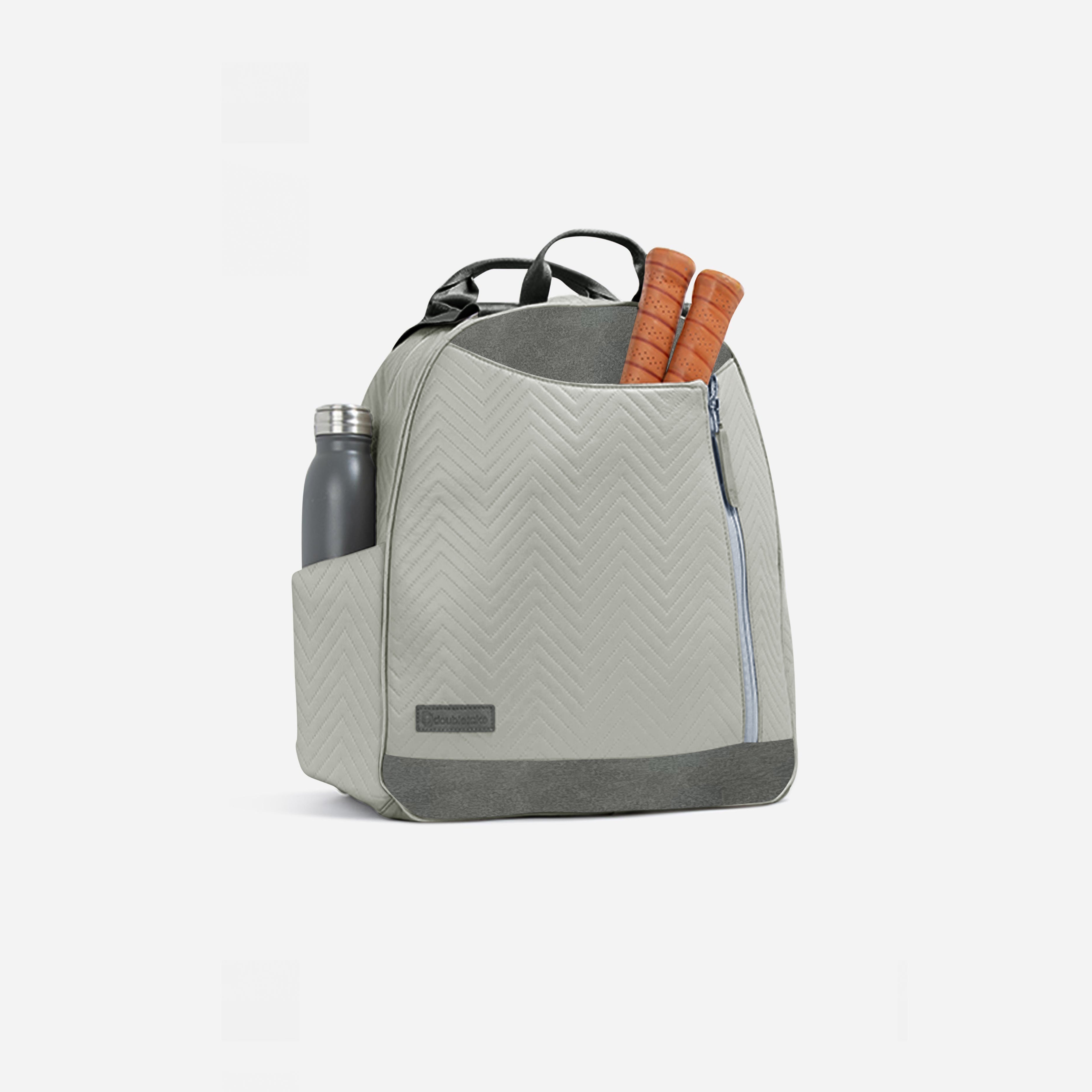 Grey quilted tennis backpack with water bottle and rackets.