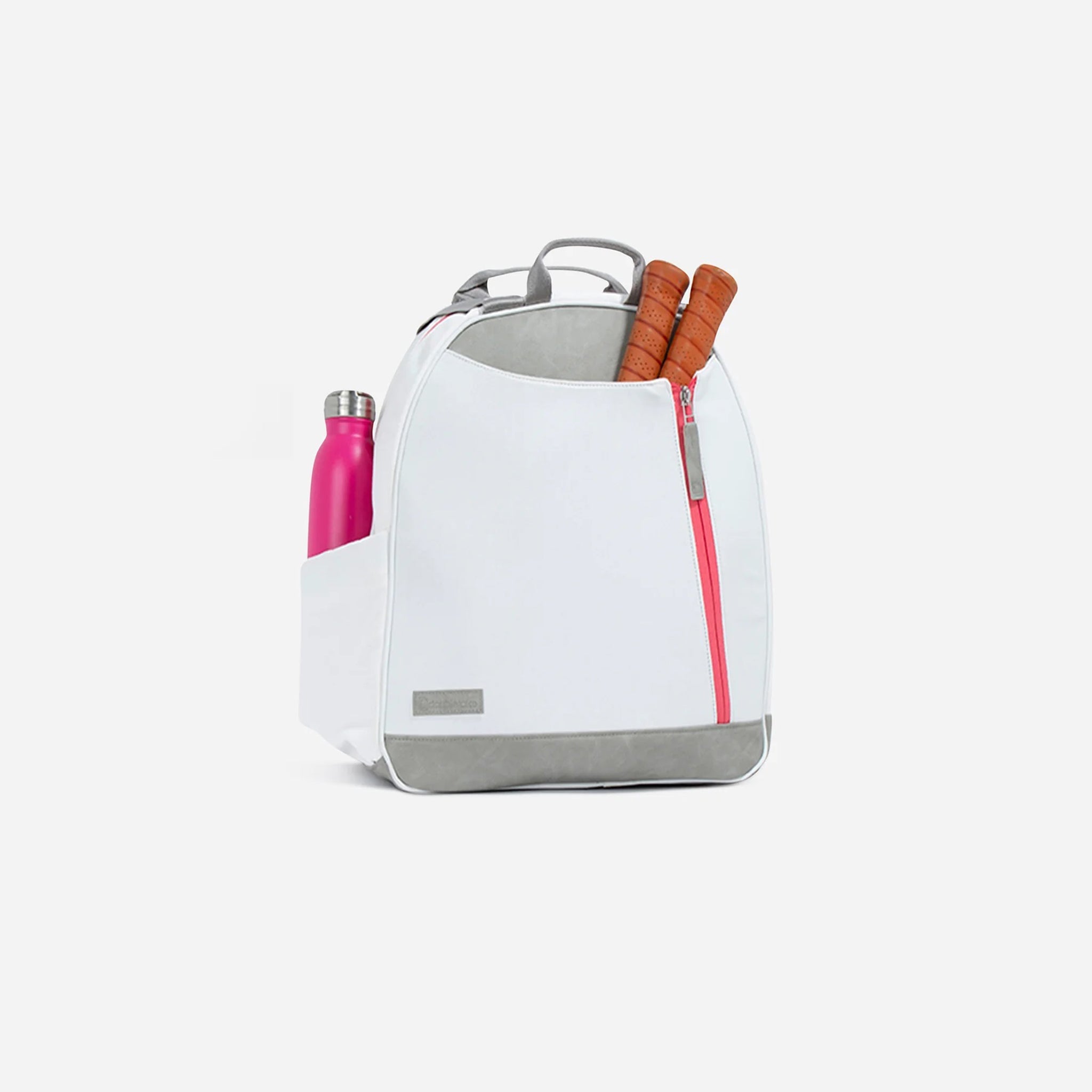 White and gray tennis backpack with a pink water bottle and two tennis rackets.