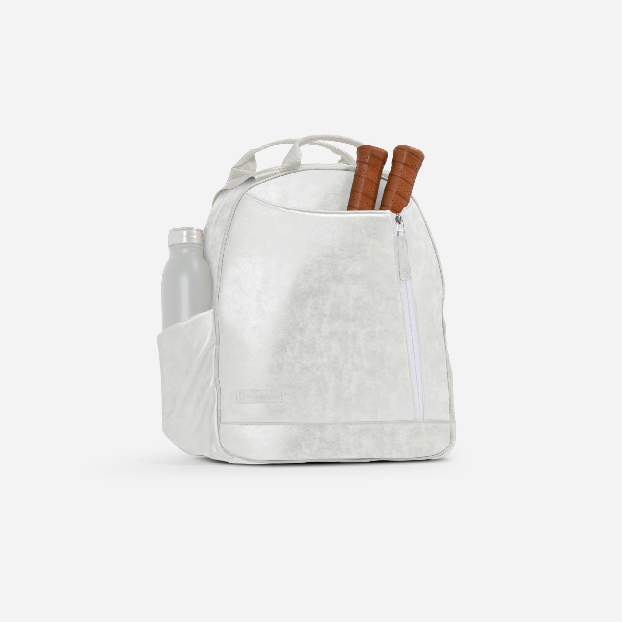 White textured Pickleball Backpack & Tote by Doubletake, featuring two brown paddle handles and a water bottle, front view.