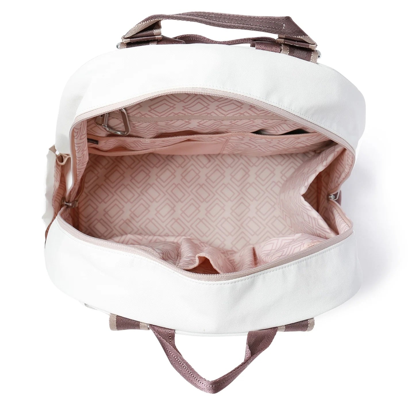 White open pickleball backpack by Doubletake, revealing a pink geometric diamond pattern lining and brown straps.