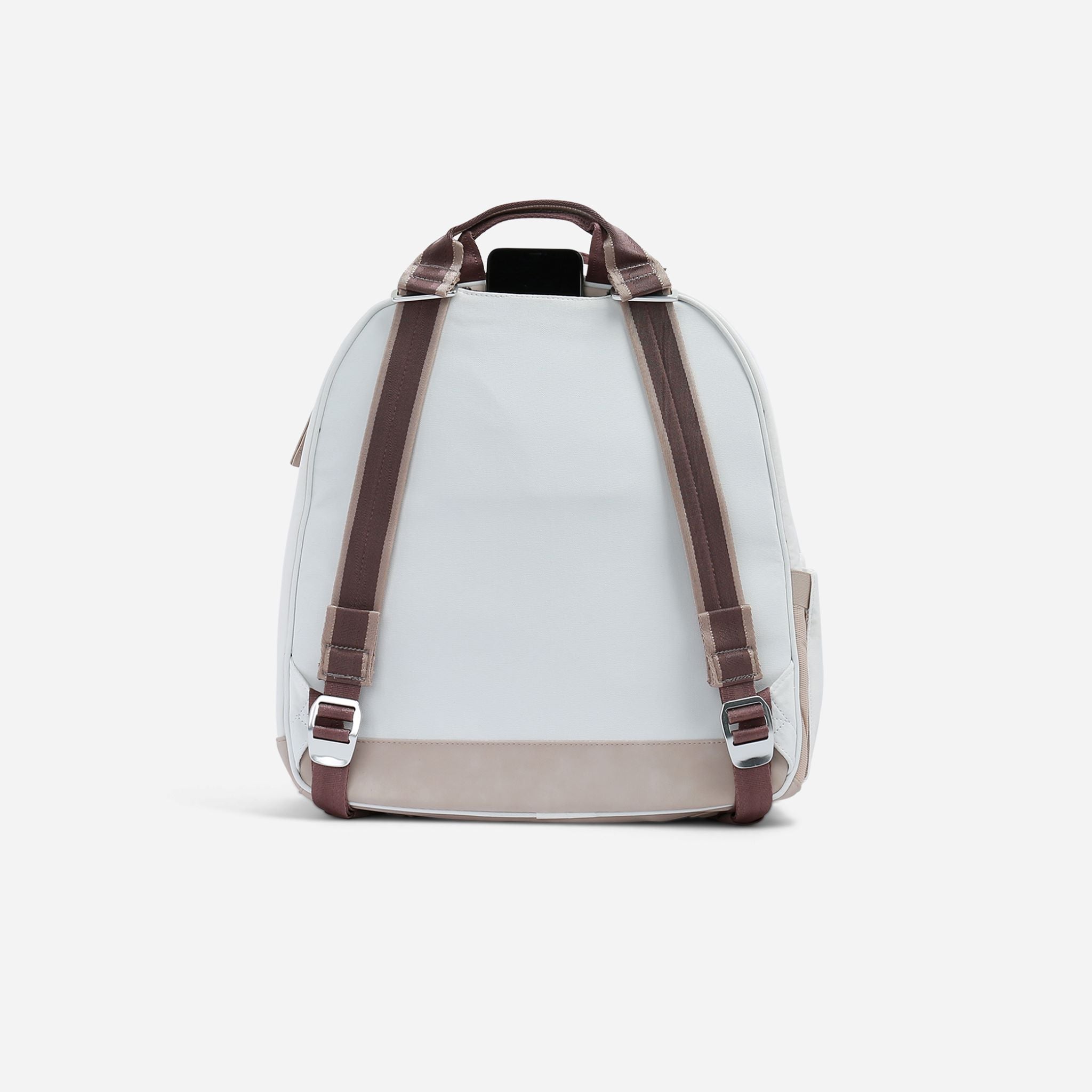 Light grey Tennis Backpack by Doubletake, back view, with a beige base, brown adjustable straps, and a phone in the top pocket.