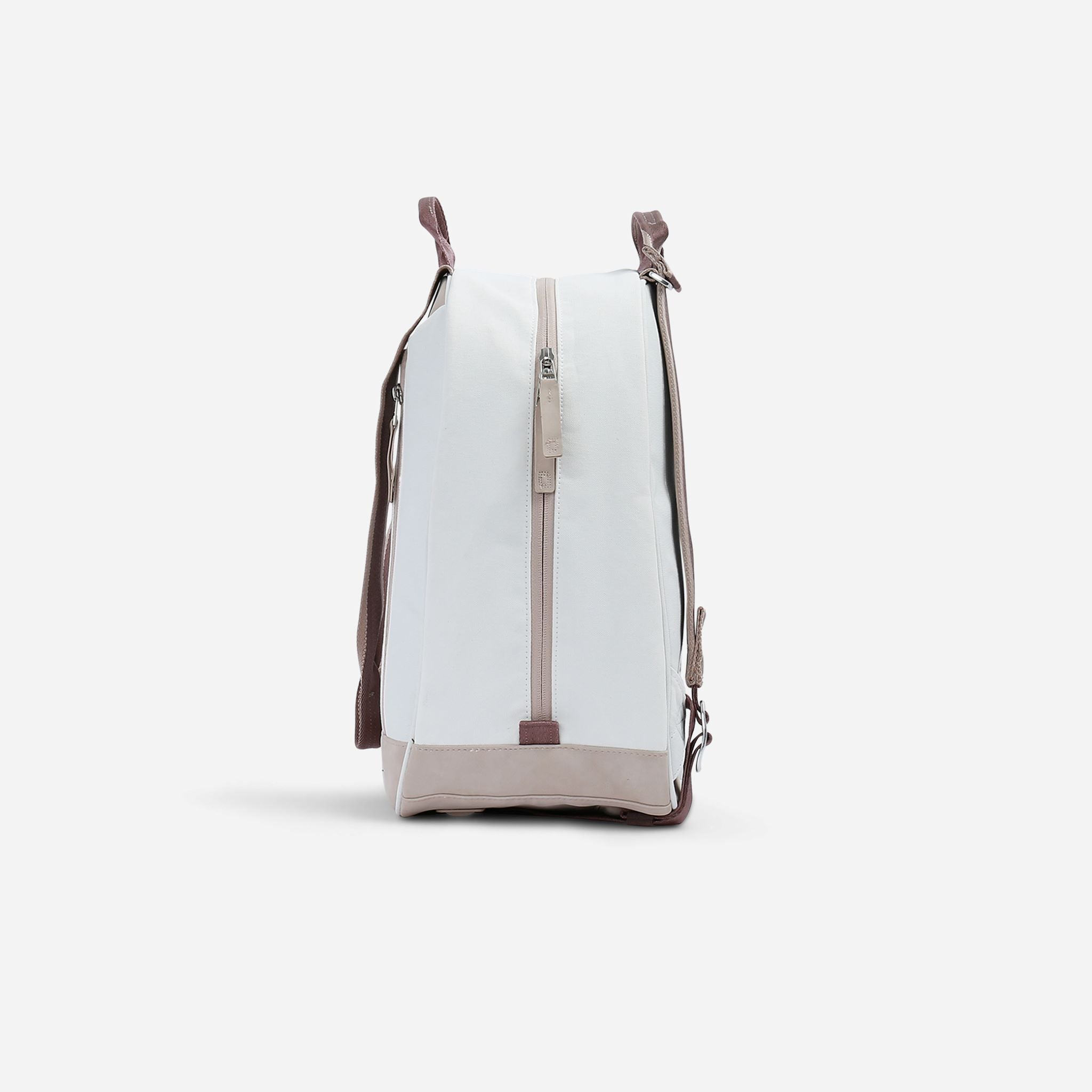 White and light brown Tennis Backpack & Tote by Doubletake, side view with a vertical front zipper and darker brown straps.