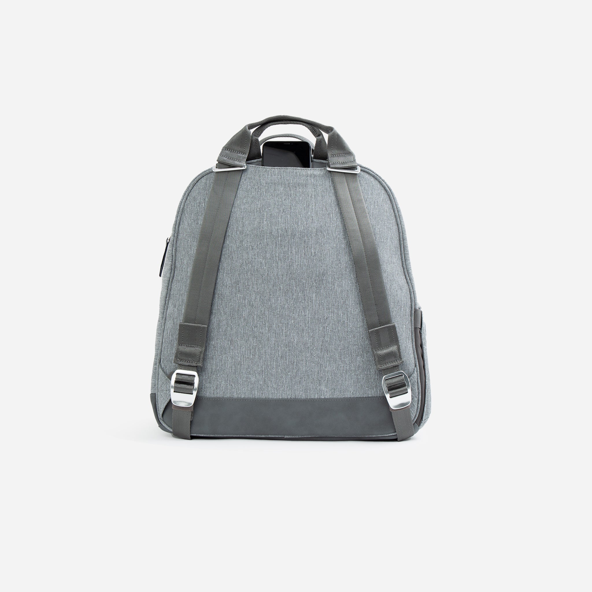 Grey heathered Pickleball Backpack by Doubletake with dark grey base, adjustable straps, and phone in top pocket, back view.