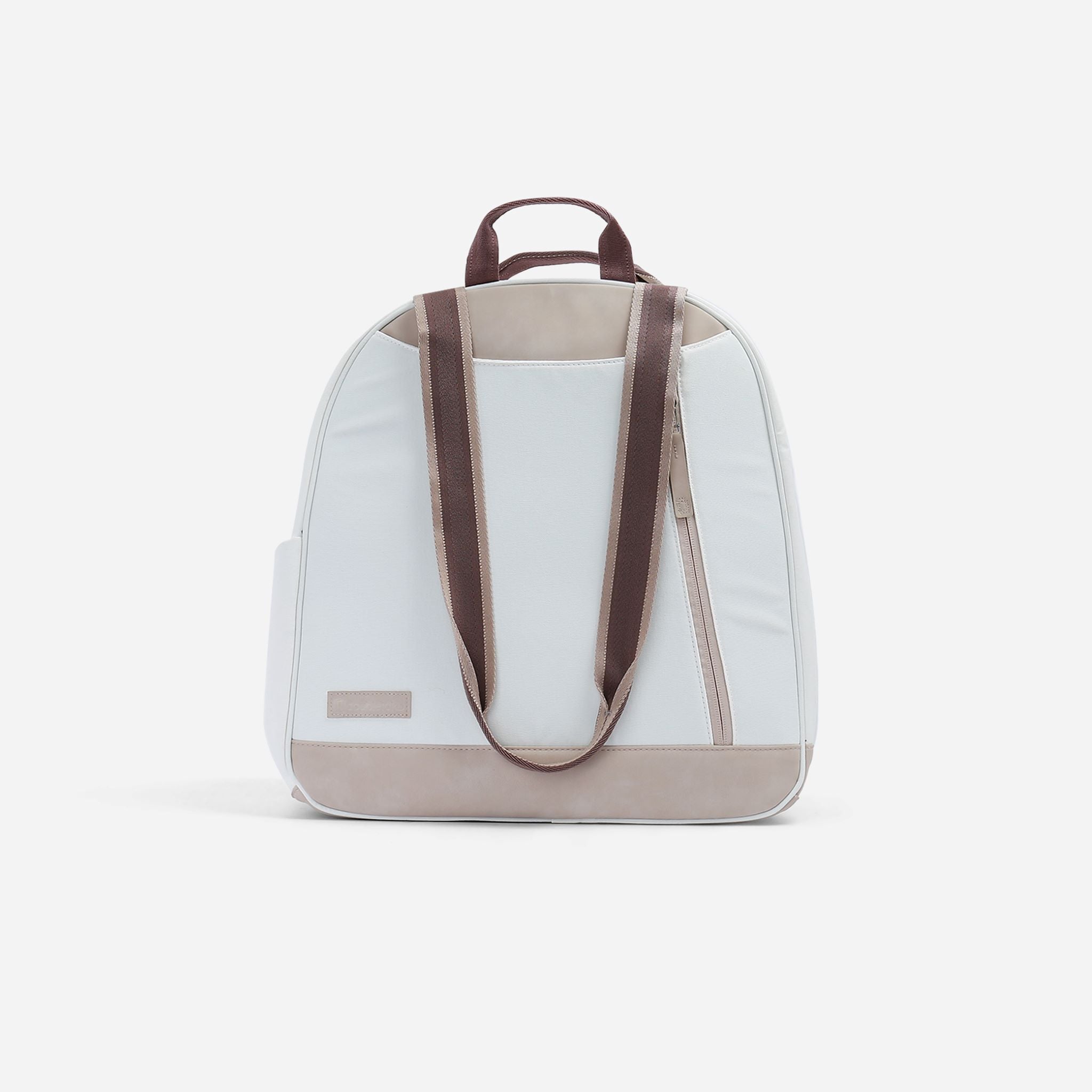 White and beige backpack with brown straps.