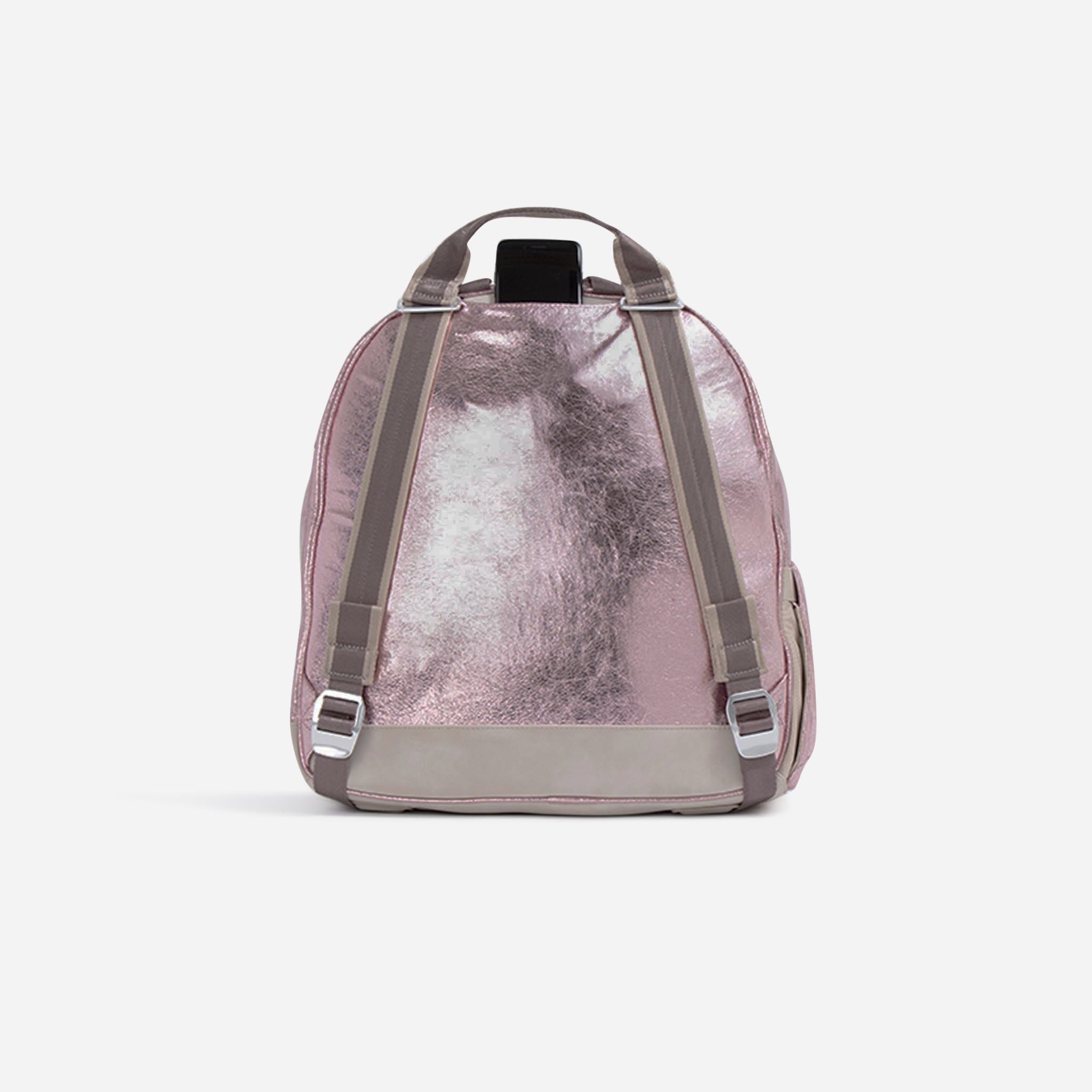 Pink metallic textured Pickleball Backpack by Doubletake, back view, with grey straps and a smartphone in the top opening.