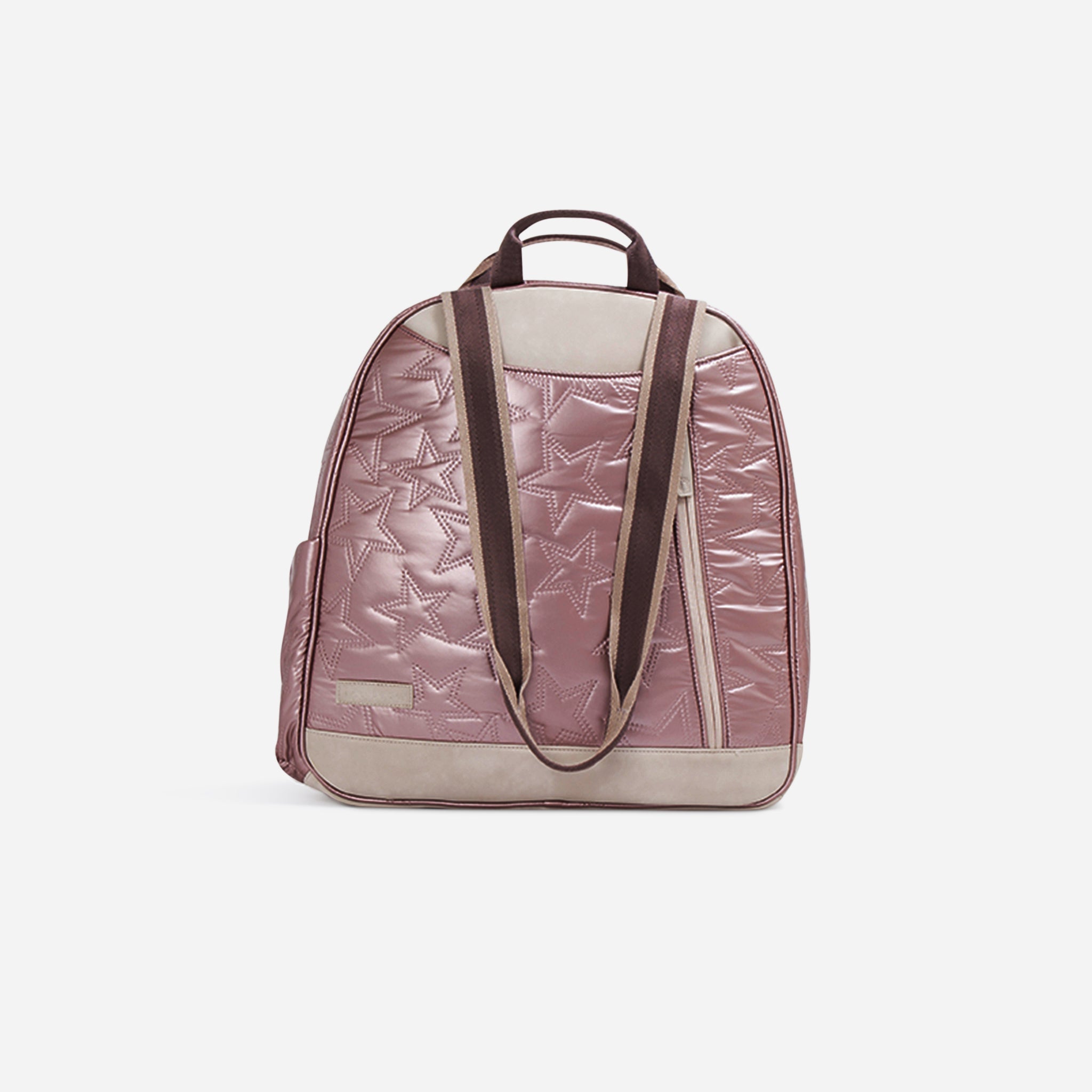 Back view of a shiny rosy pink quilted pickleball backpack by Doubletake with star pattern, beige trim, and striped shoulder straps.