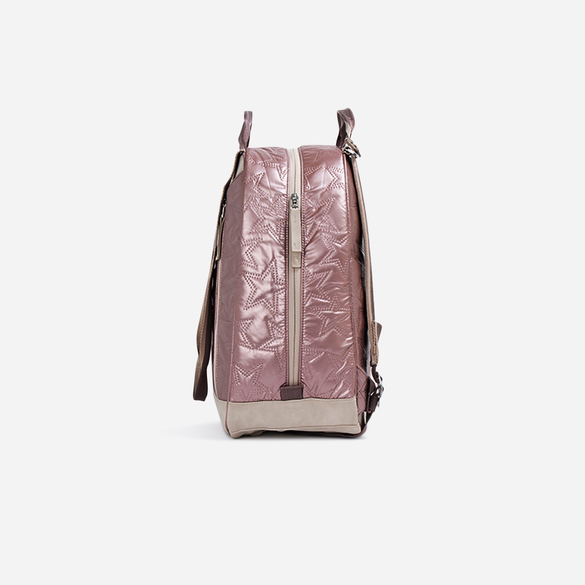 Pink quilted pickleball backpack by Doubletake with a star pattern, beige base, and front zipper, shown from the side.