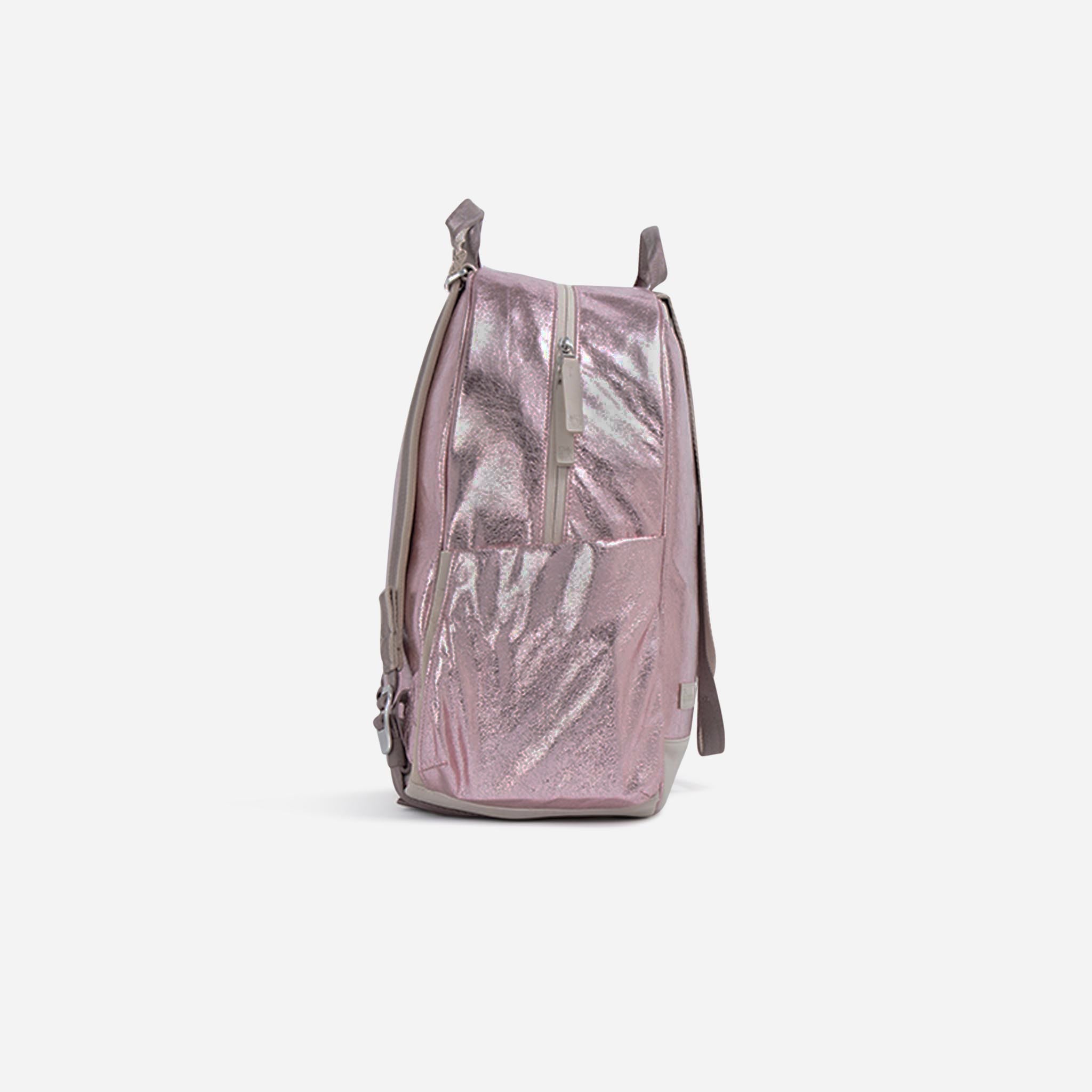 Metallic pink Tennis Backpack by Doubletake, shown in a side view with a front vertical zipper and beige accents.