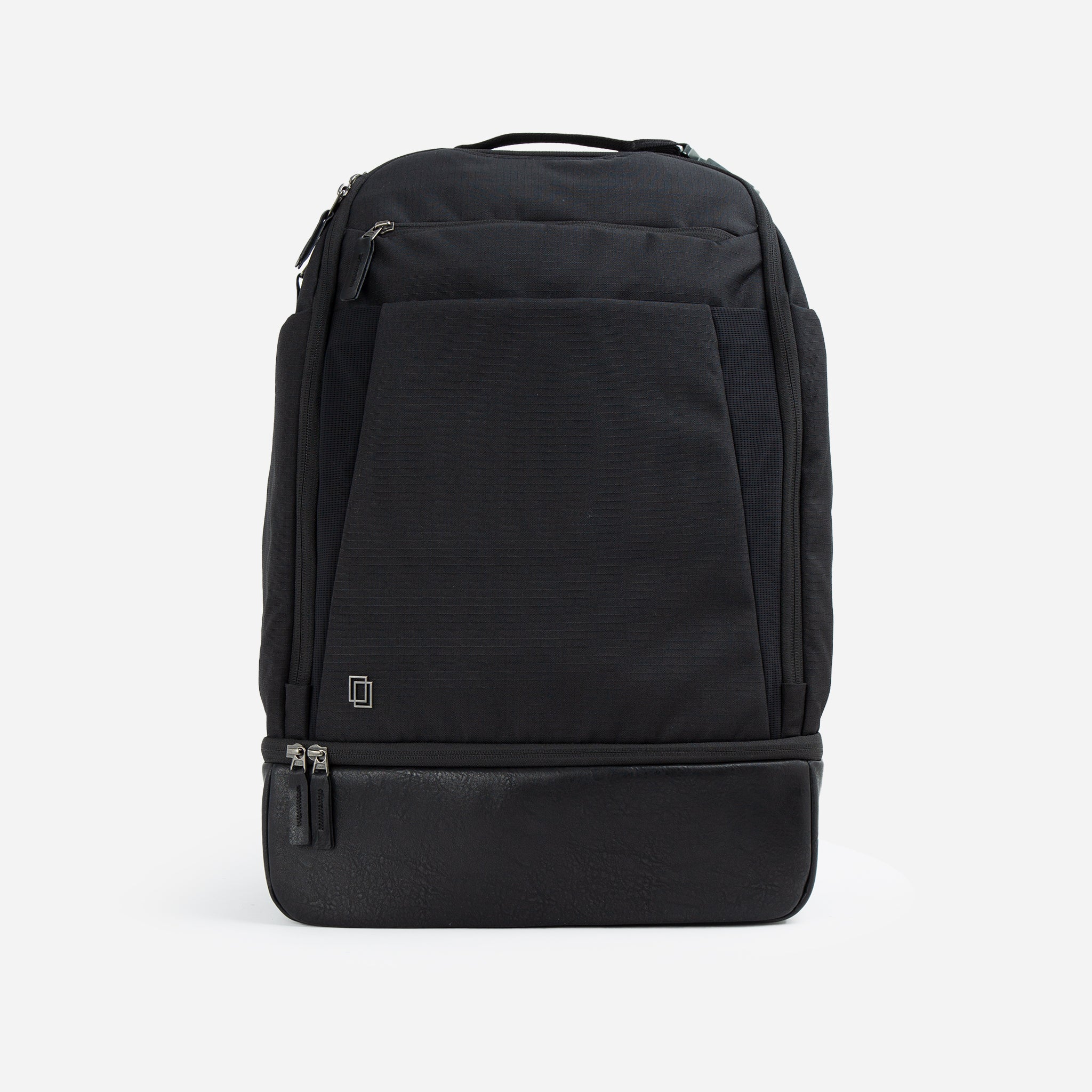 Black backpack with multiple compartments.
