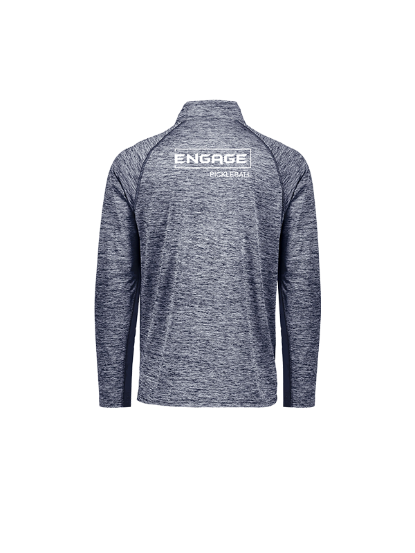 Navy heathered men's 1/2 zip pullover by EngagePickleball, back view, with a white 'ENGAGE PICKLEBALL' logo on the upper back.