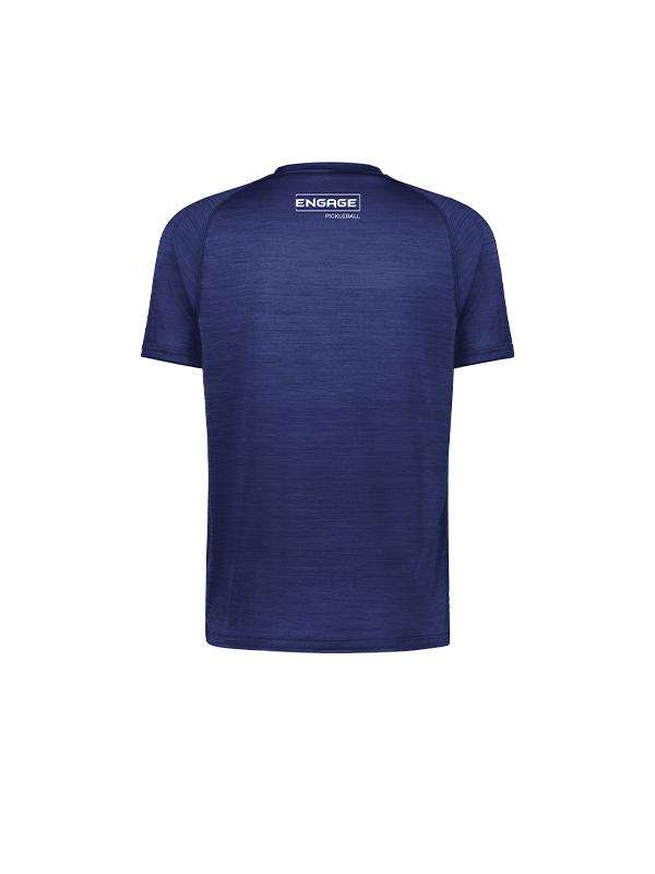 Dark blue men's tee by EngagePickleball, featuring a textured performance fabric and a white brand logo on the back neck.