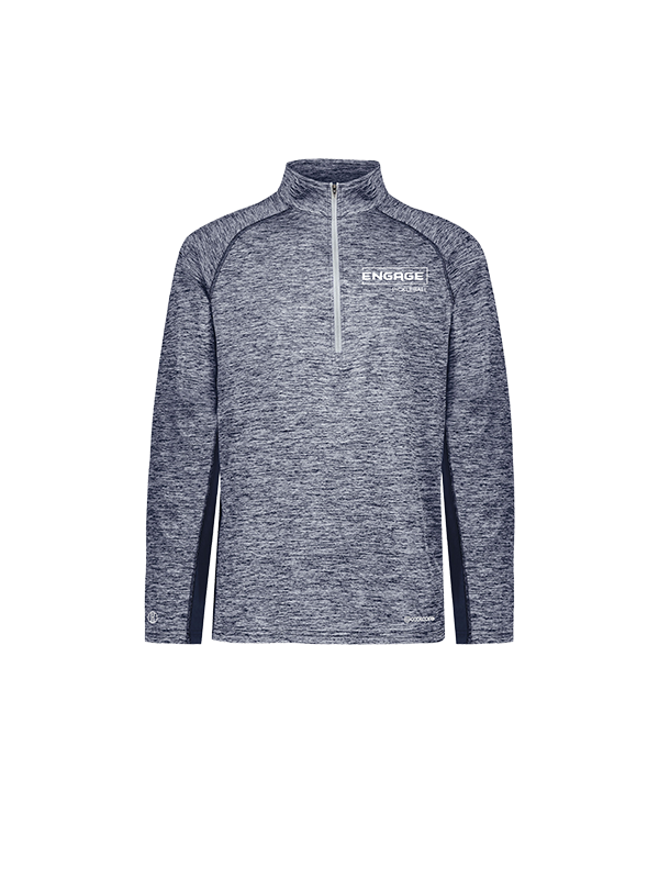 Men's heathered blue 1/2 zip pullover by EngagePickleball, with a white chest logo, solid dark blue side panels, and a light gray zipper.