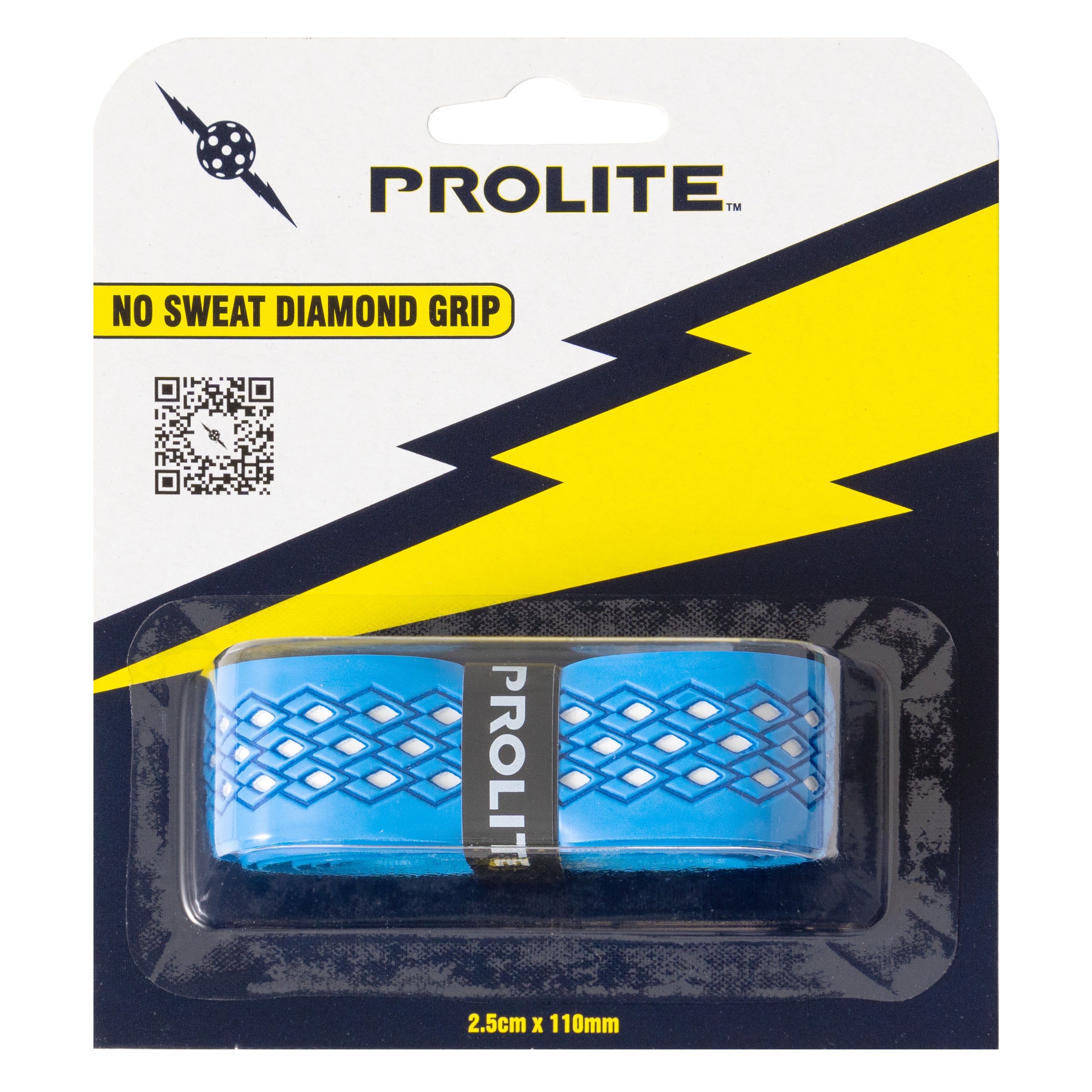 Packaged blue replacement tennis racket grip with white diamond pattern.