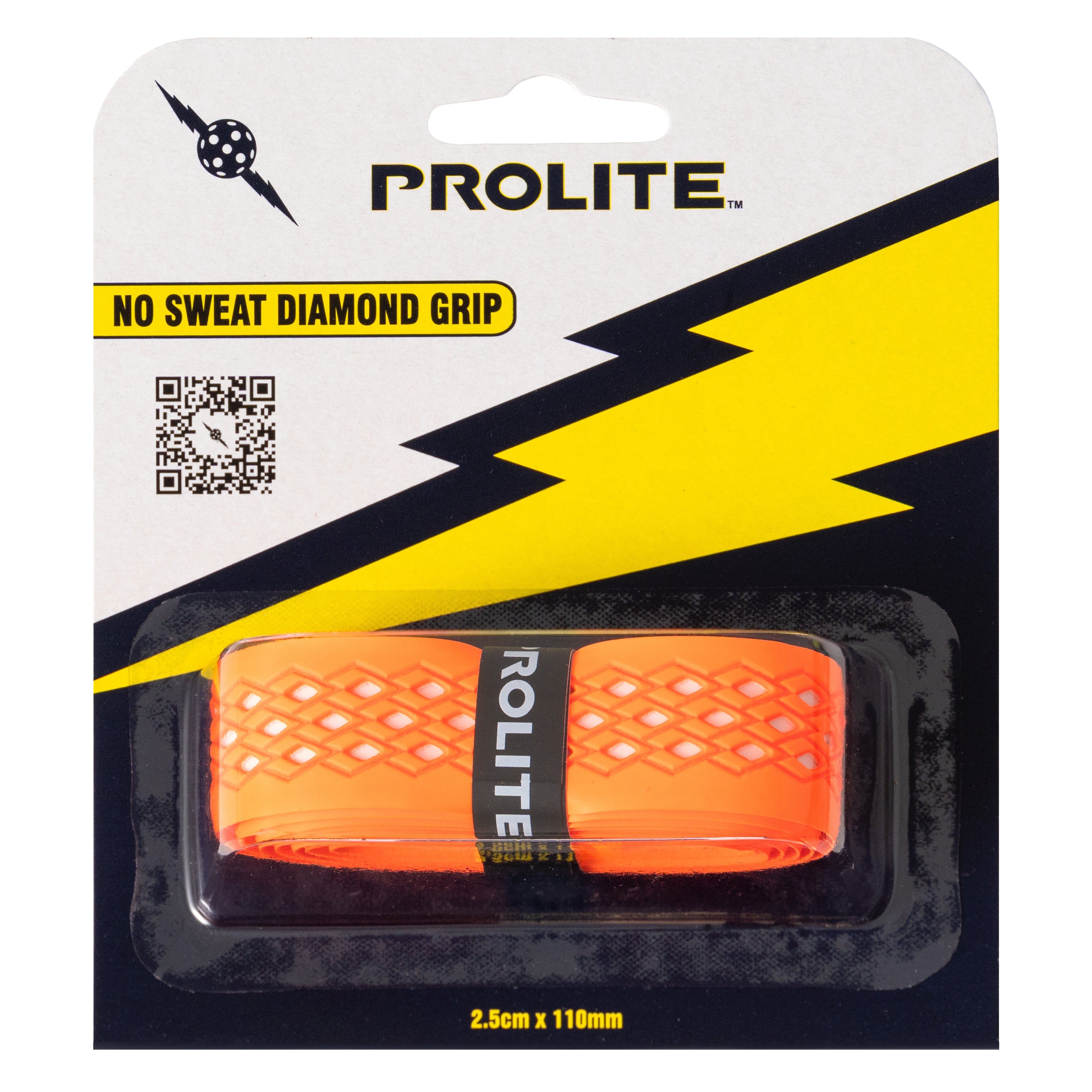 Orange Prolite racquet grip with diamond pattern in black blister pack.