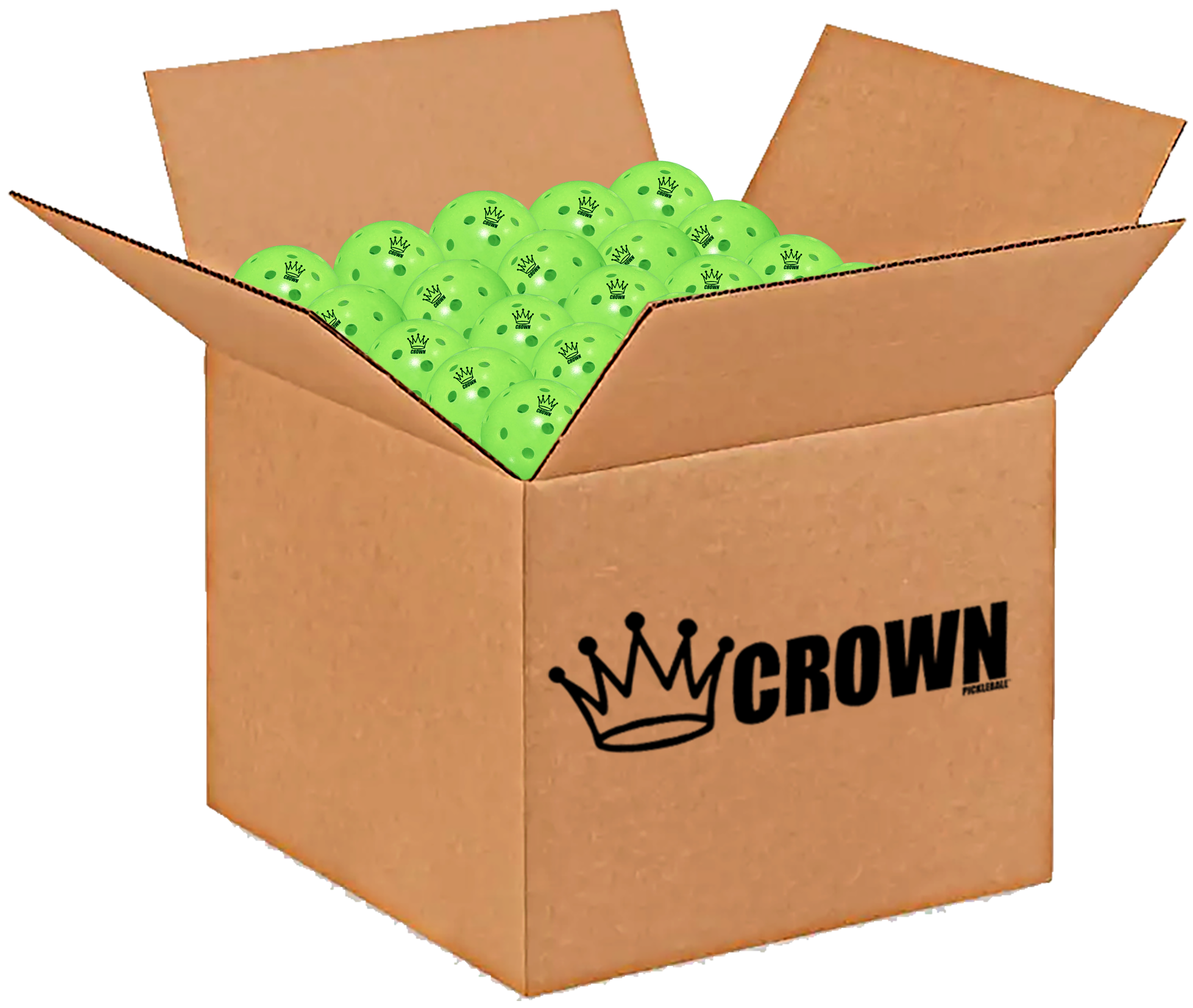 Open cardboard box full of green pickleballs with black crown logo and branding.