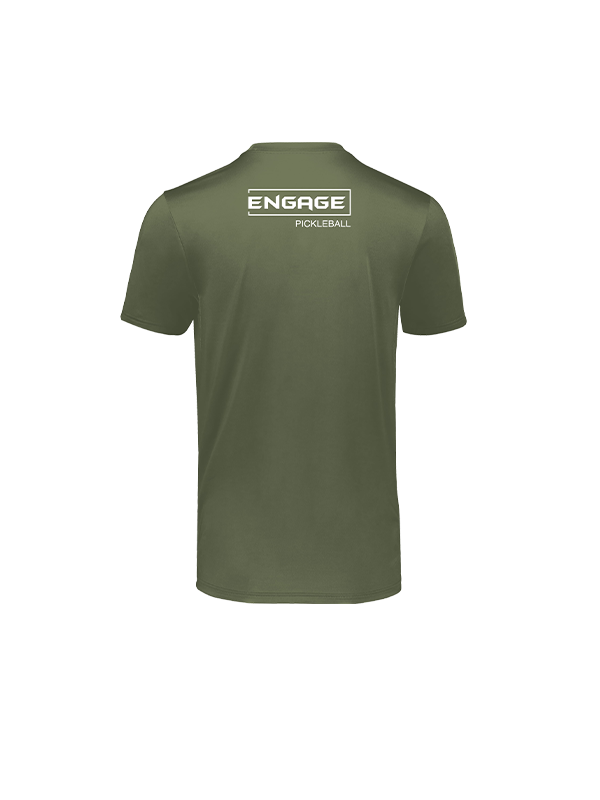 Olive green men's short-sleeved t-shirt by EngagePickleball, featuring a white 'ENGAGE PICKLEBALL' logo on the upper back, shown from the back.