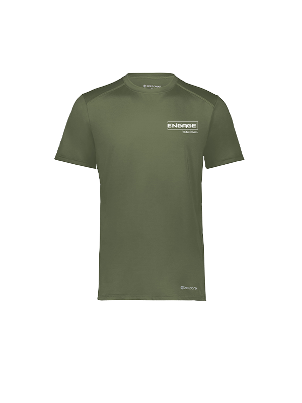 Olive green men's short-sleeve t-shirt by EngagePickleball with a white chest logo and visible shoulder seams.