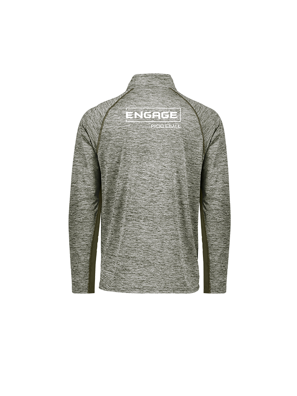 Men's heathered olive green 1/2 zip pullover by EngagePickleball, back view with white 'ENGAGE PICKLEBALL' logo.