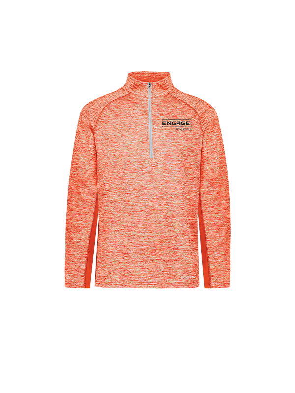 Orange heathered men's 1/2 zip pullover by EngagePickleball, featuring a silver zipper, raglan sleeves, and a chest logo.