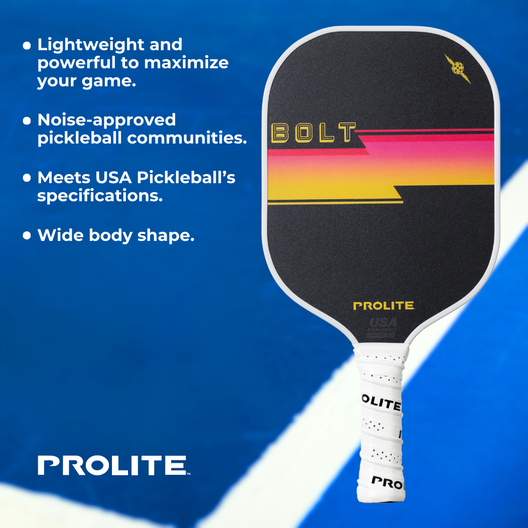 Close-up of a black Prolite Bolt pickleball paddle against a blue court background.